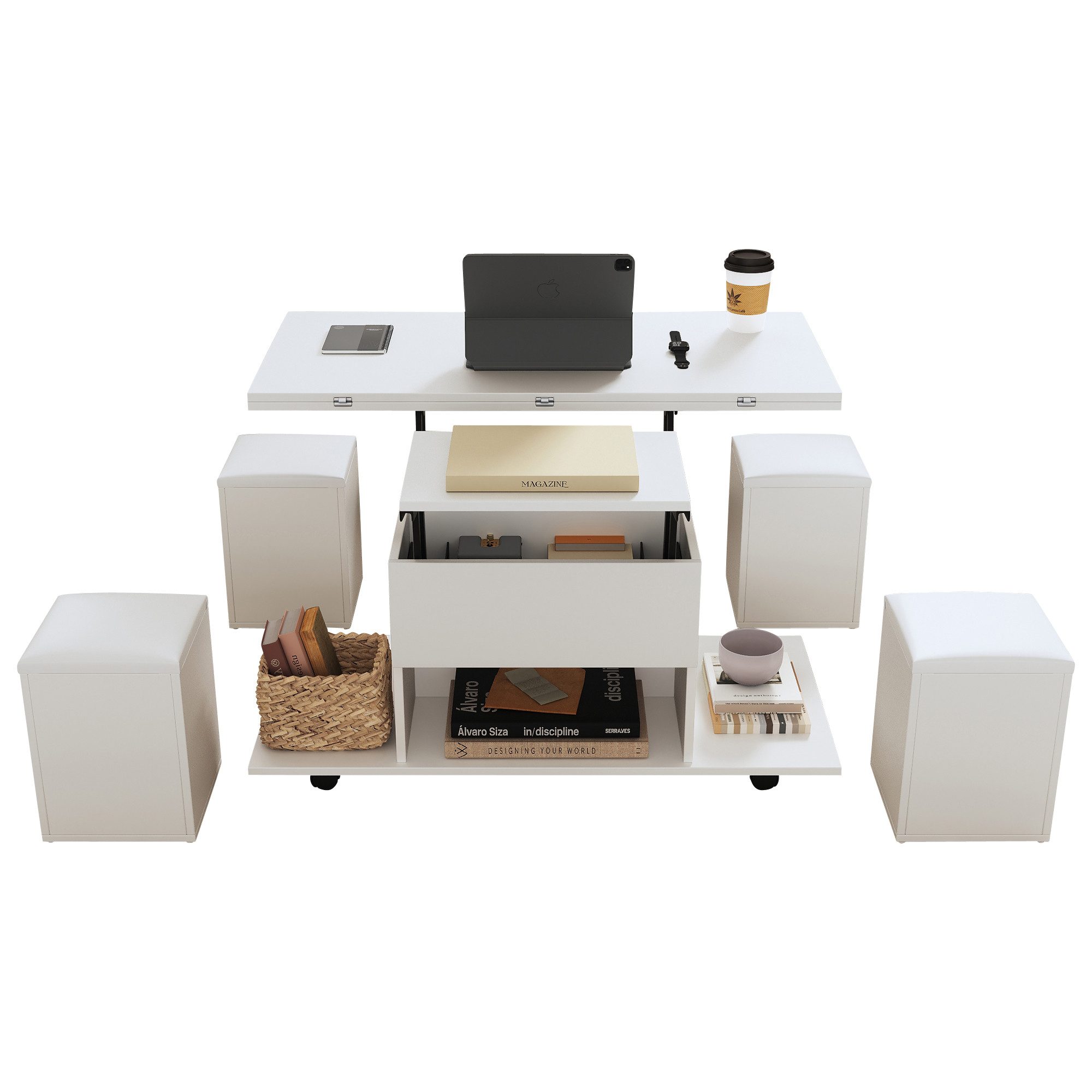 ANYSUN Couchtisch Anhebbarer multifunktionaler Couchtisch Sofatisch Multifunktionstisch (5 set, 1Tisch und 4 Hocker), Breite 100 cm