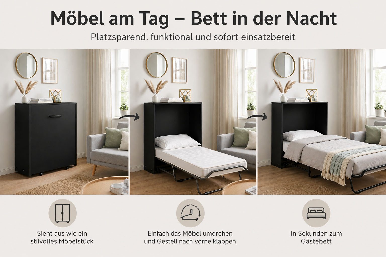 Home affaire Schrankbett Sognum als Gästebett nutzbar, Wandklappbett in Kommodenoptik (in den Farben weiß, schwarz und kaschmir erhältlich) inkl. Matratze, platzsparendes Klappbett, optimal für kleine Räume