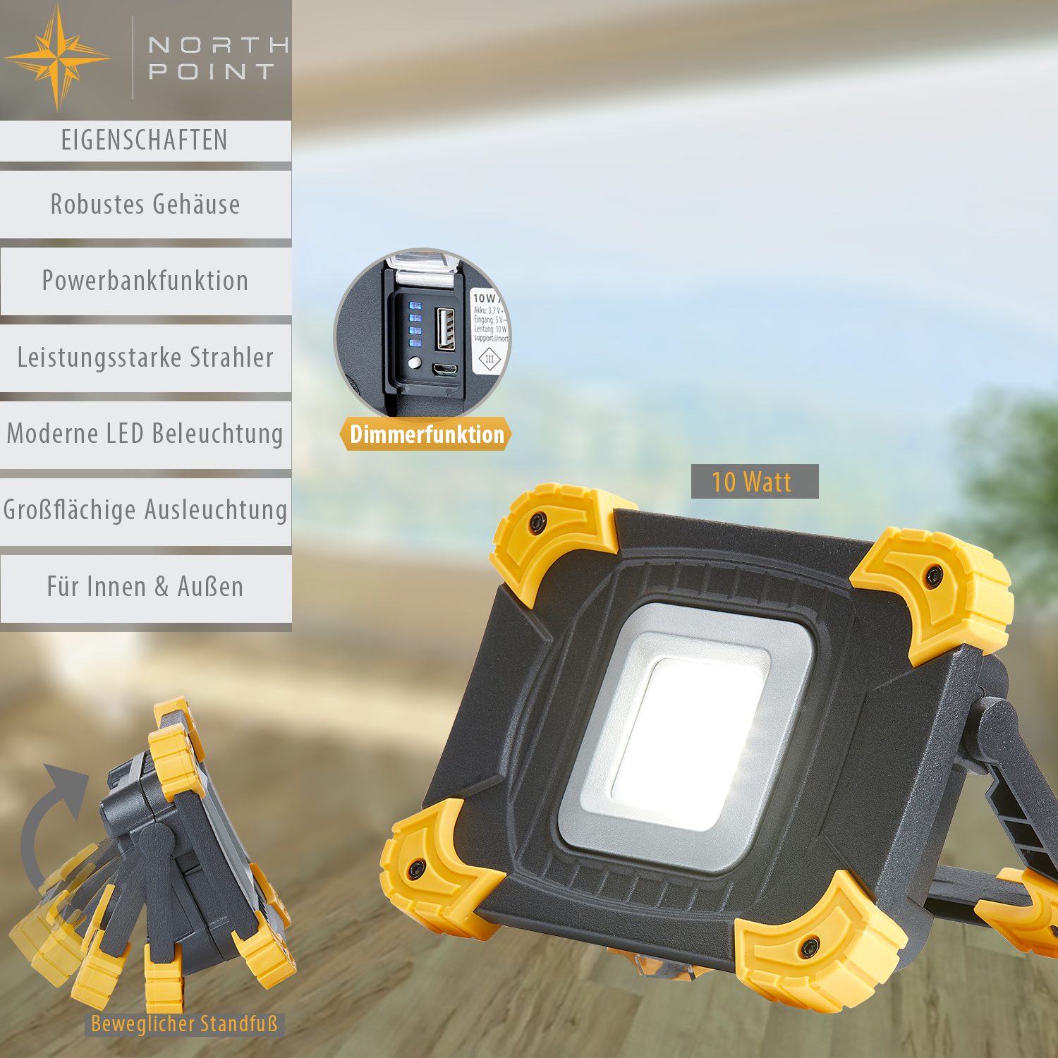 Northpoint LED work light with battery, dimmable, 1100 lumens, IP54 with power bank function