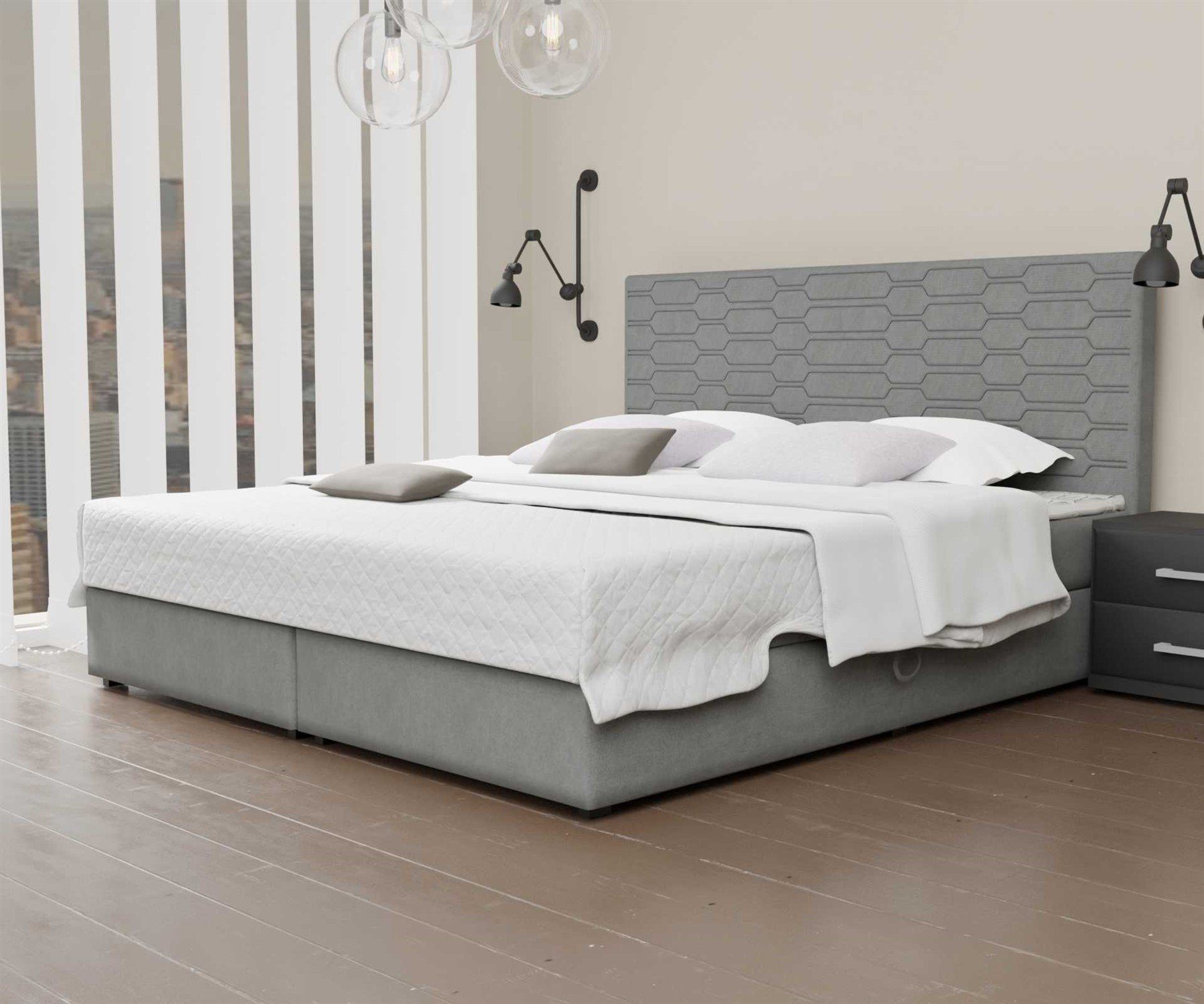 Fun Möbel Boxbett Schlafzimmerbett OMERO Überlänge (220cm) in Stoff Cloud (Füße: Kunststoff (Höhe: 2,5 cm), Inkl. Topper), inkl. 2 x Bettkasten