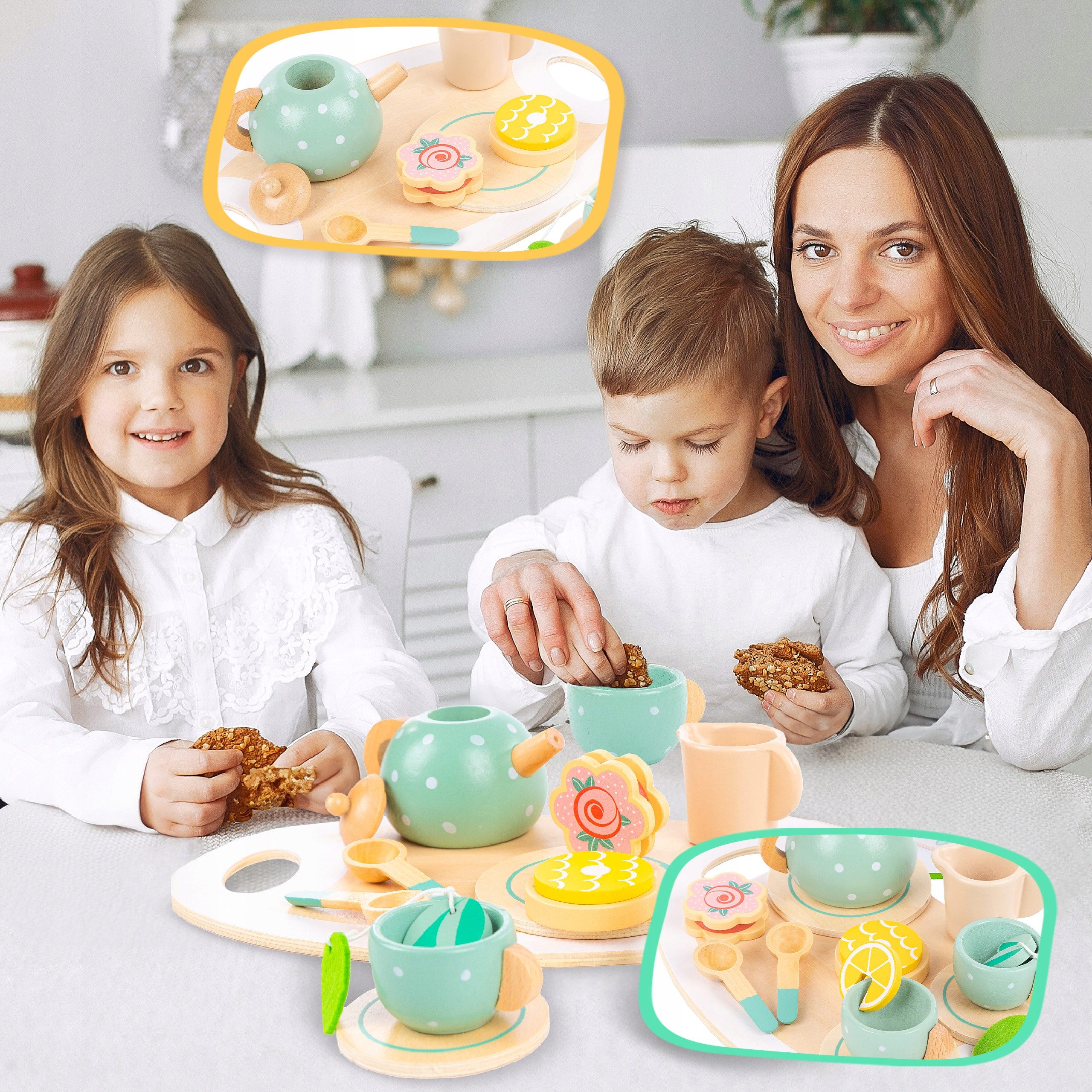 kinderplay Spiel-Kochgeschirr Holz Tee-Set für Kinder – kreatives Rollenspiel – 15-teiliges Zubehör, (Set)