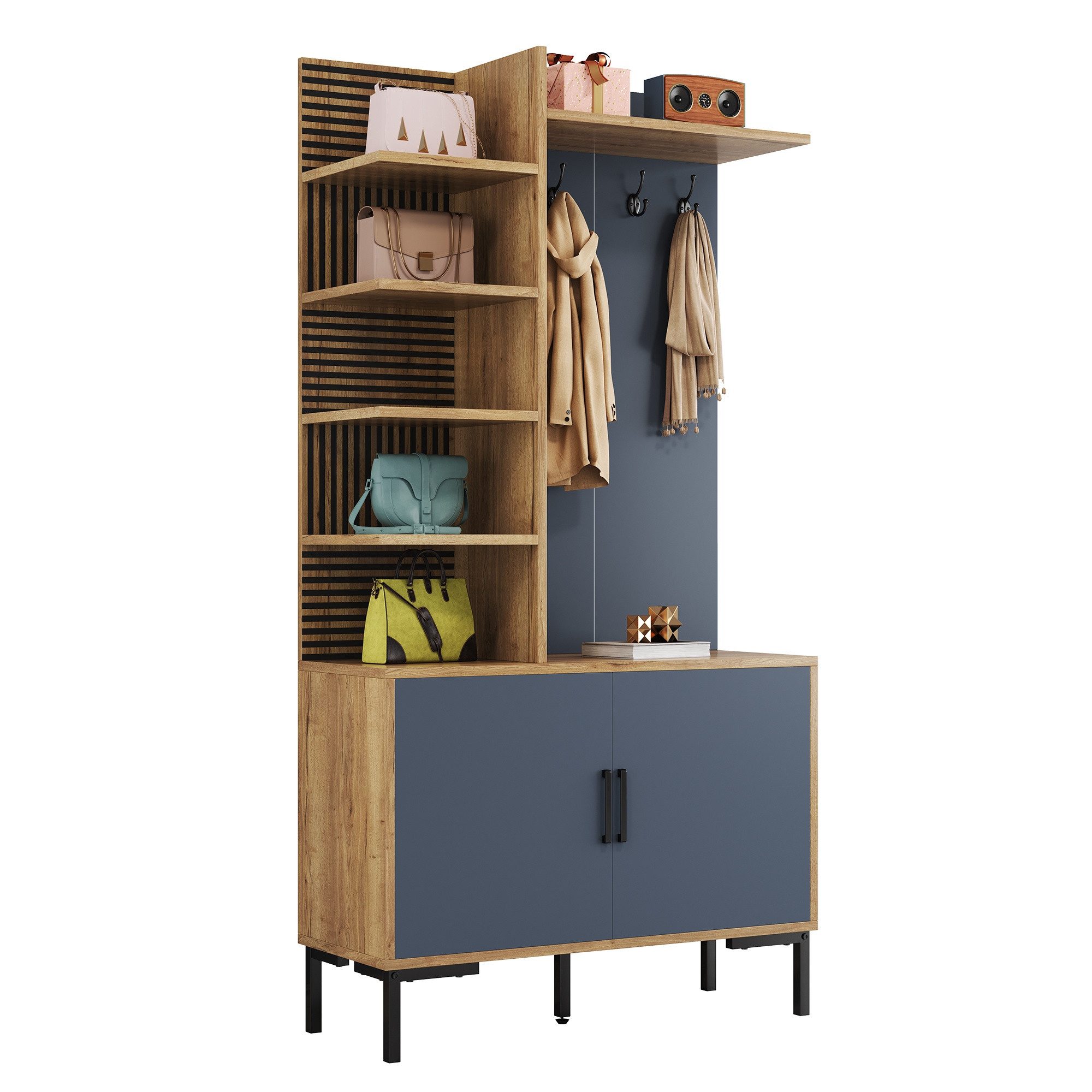 Refined Living Garderoben-Set Kompaktgarderobe mit Schuhschrank und Haken, Flurmöbel, (Moderne Flurgarderobe mit 2 Türen, 4 Ablagen, Spanplatte, höhenverstellbarem Regal und Metallbeinen in Holzoptik, 1-St., Platzsparend mit Schuhaufbewahrung, offenen Regalen und Haken), Garderoben-Set für Flur und Diele, Industrial Style, Zweifarbig
