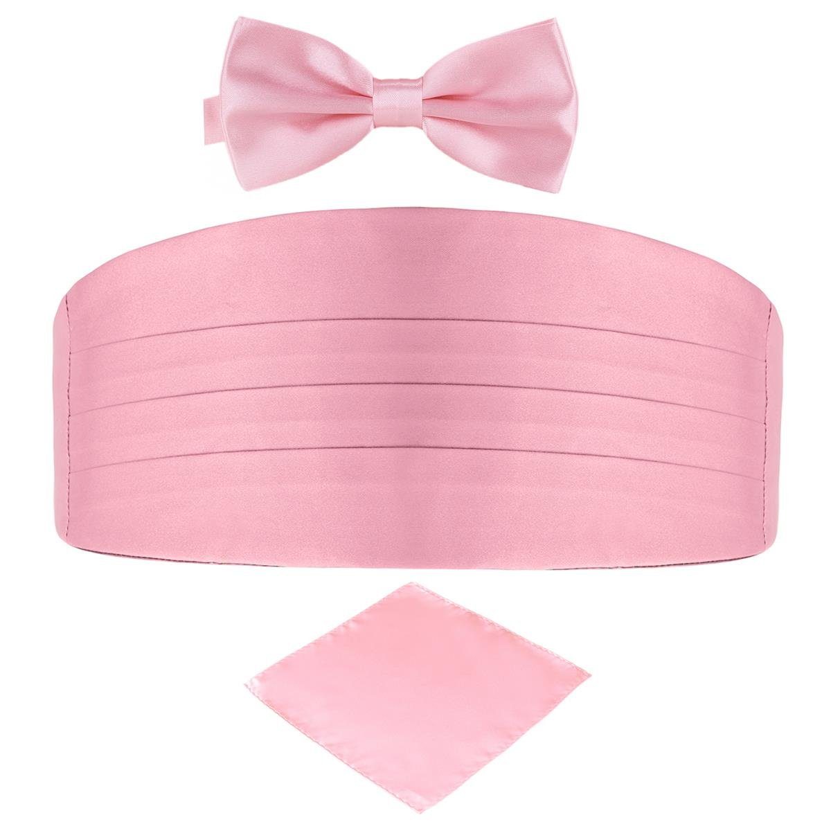 DonDon Kummerbund 3er Set Kummerbund Fliege Einstecktuch glänzend und gleichfarbig, (3er Set, 3-St), 3er Set, farblich abgestimmt, Seidenlook rosa