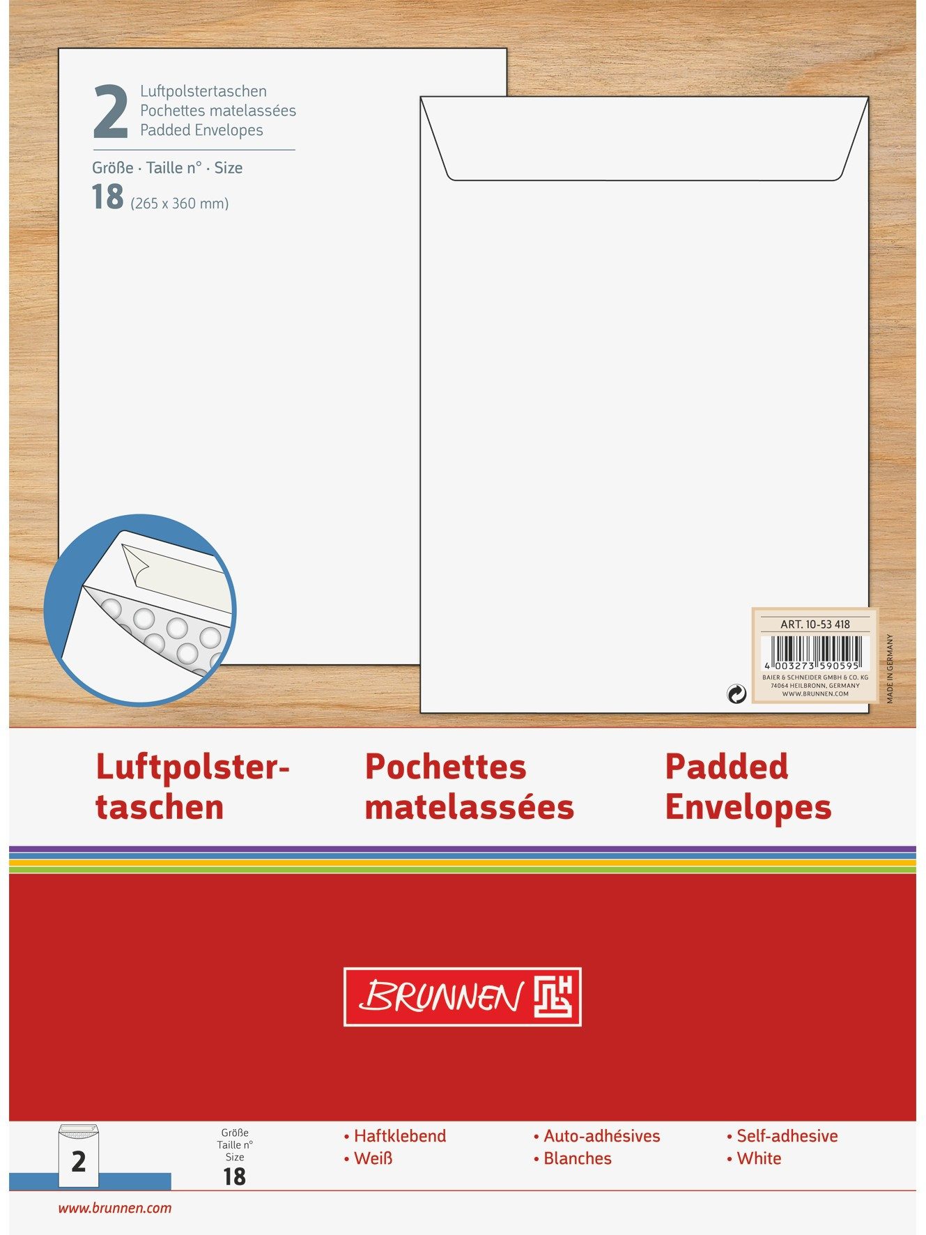 Baier & Schneider Versandtasche Luftpolstertaschen weiß Kraftpapier 240x350 mm 2 Stück