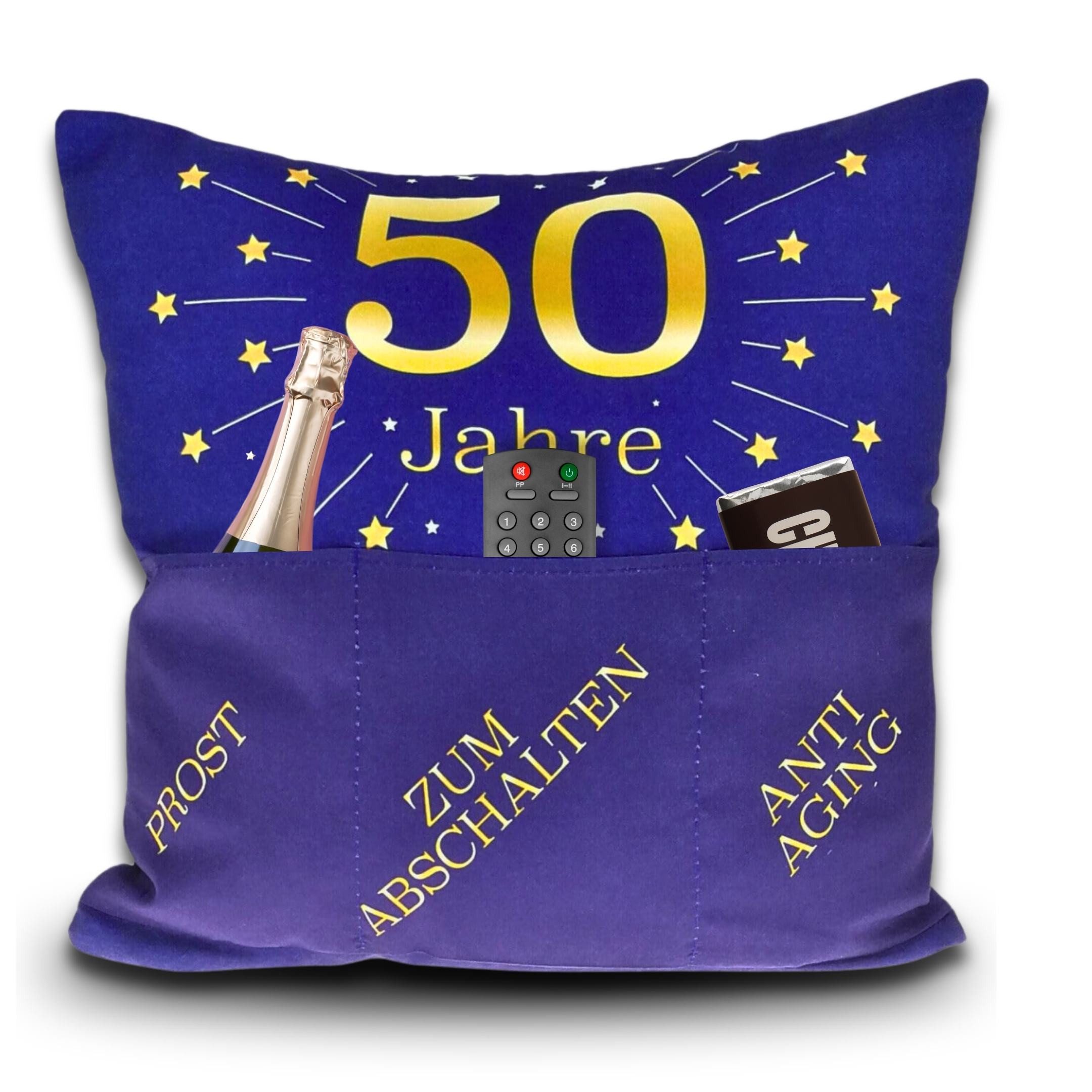 Bada Bing Dekokissen Kissen zum 50sten Geburtstag mit Taschen zum befüllen Geschenkidee, mit 3 Taschen zum befüllen