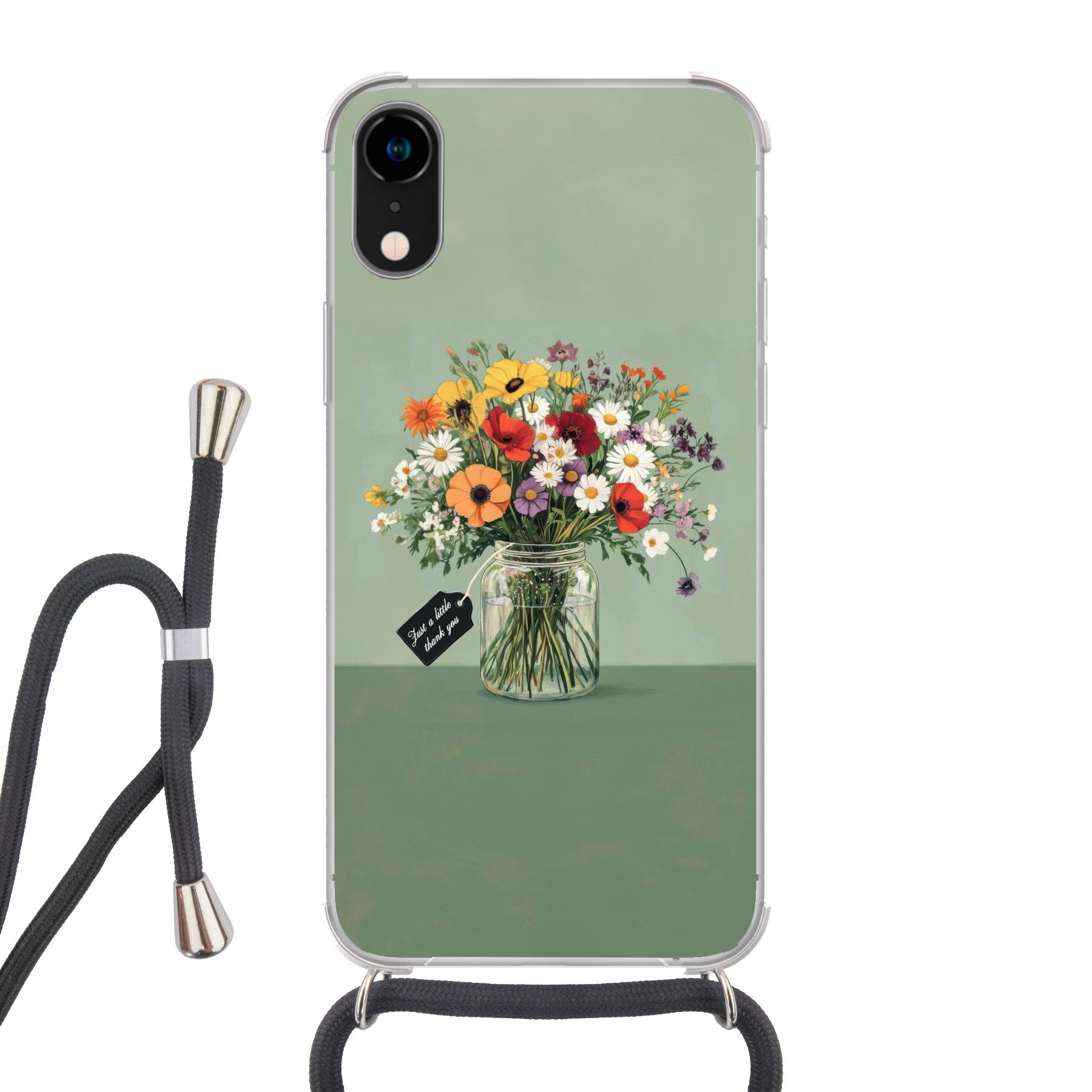 MuchoWow Handyhülle für Apple iPhone XR Blumen - Vase - Karte, Tragbare Handyhüllen mit Kette zum umhängen, Handykette Handyband