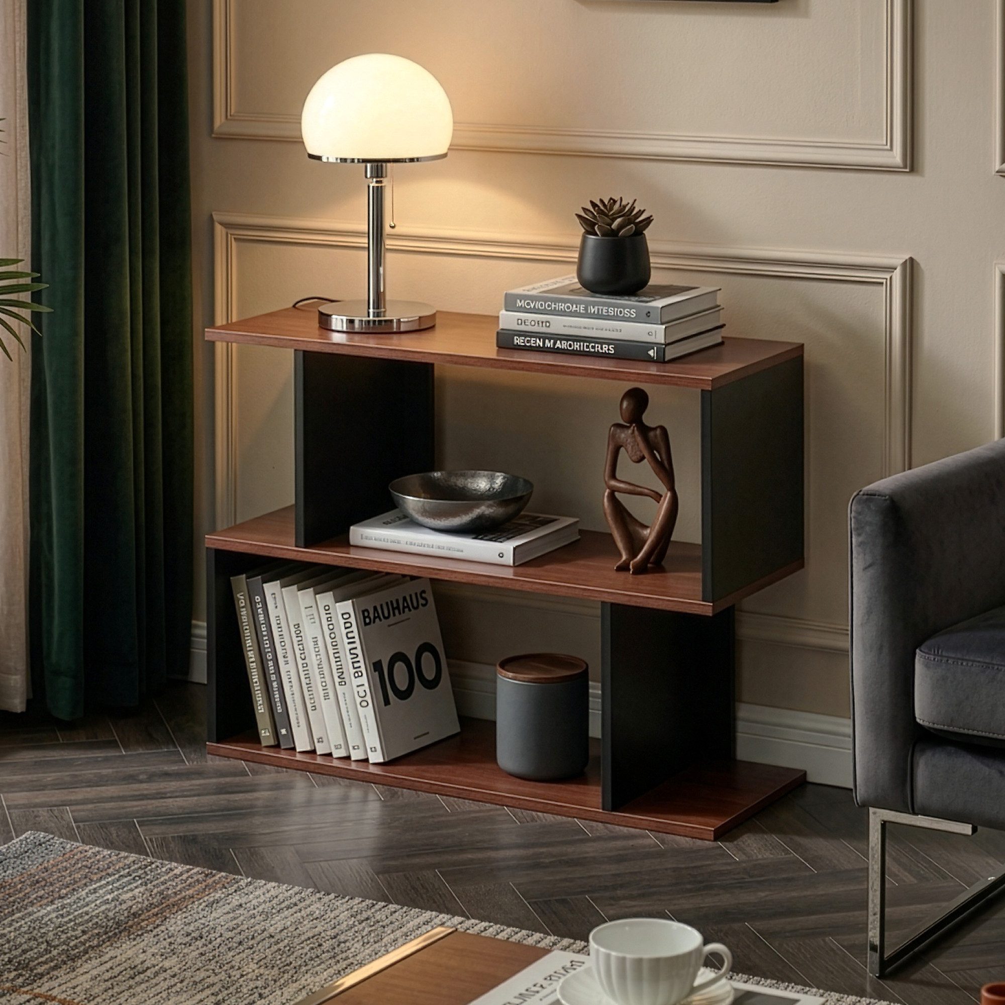 en.casa Beistelltisch, »Trond« mit 2 offenen Fächern 80 x 29 x 60 cm Schwarz/Walnussoptik