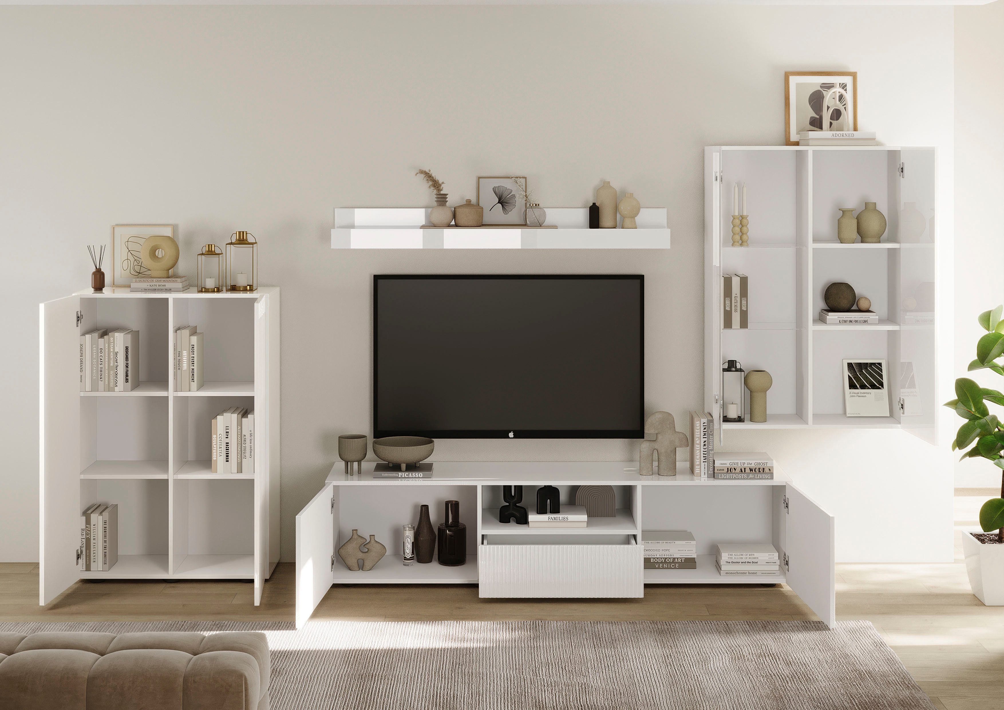 Home affaire Wohnwand Rio, 4tlg. Breite 300 cm, modernes, elegantes Wohnzimmer-Set, (4-St), (Lowboard, Highboard, Hängevitrine, Wandboard), MDF-Fronten geriffelt
