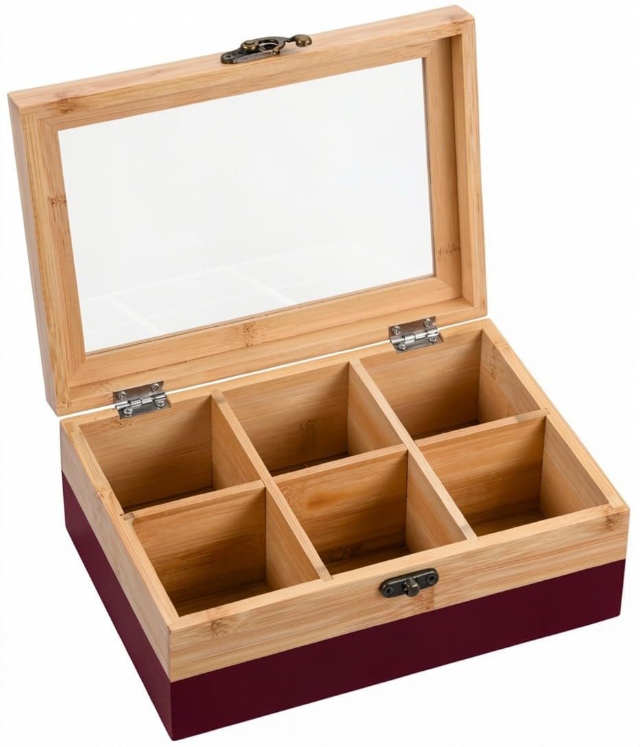 Neustanlo Aufbewahrungsbox Teebox aus FSC Bambus mit Sichtfenster, 6 Fächer, 21,5x15x8,5 cm, Retro Verschluss, Beere Natur
