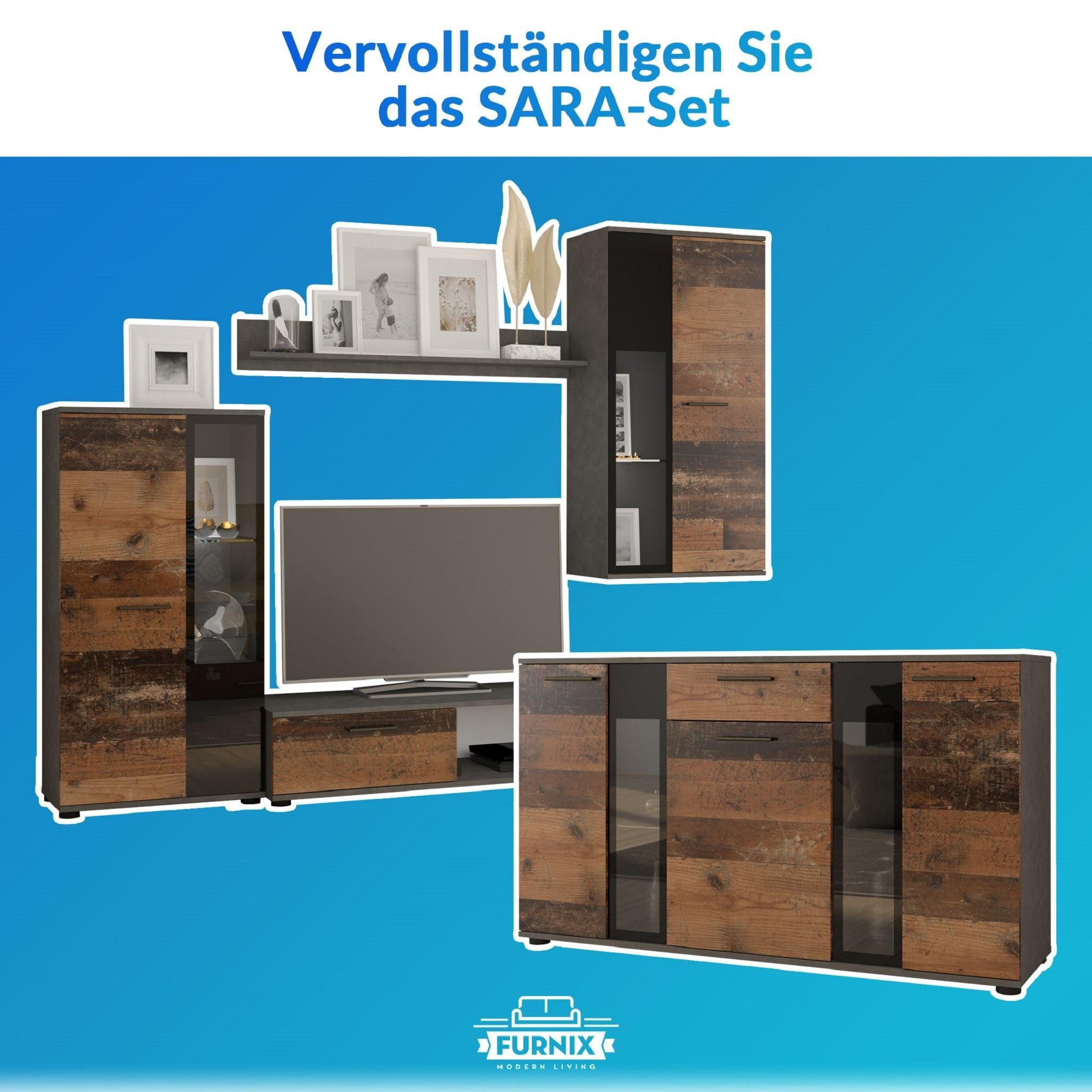 4-teilig Hochvitrine, (Set, mit Mediawand Furnix Wandregal), Hängevitrine, TV-Schrank, teilverglaste modern, oldstyle-Matera SARAI Türen Wohnwand