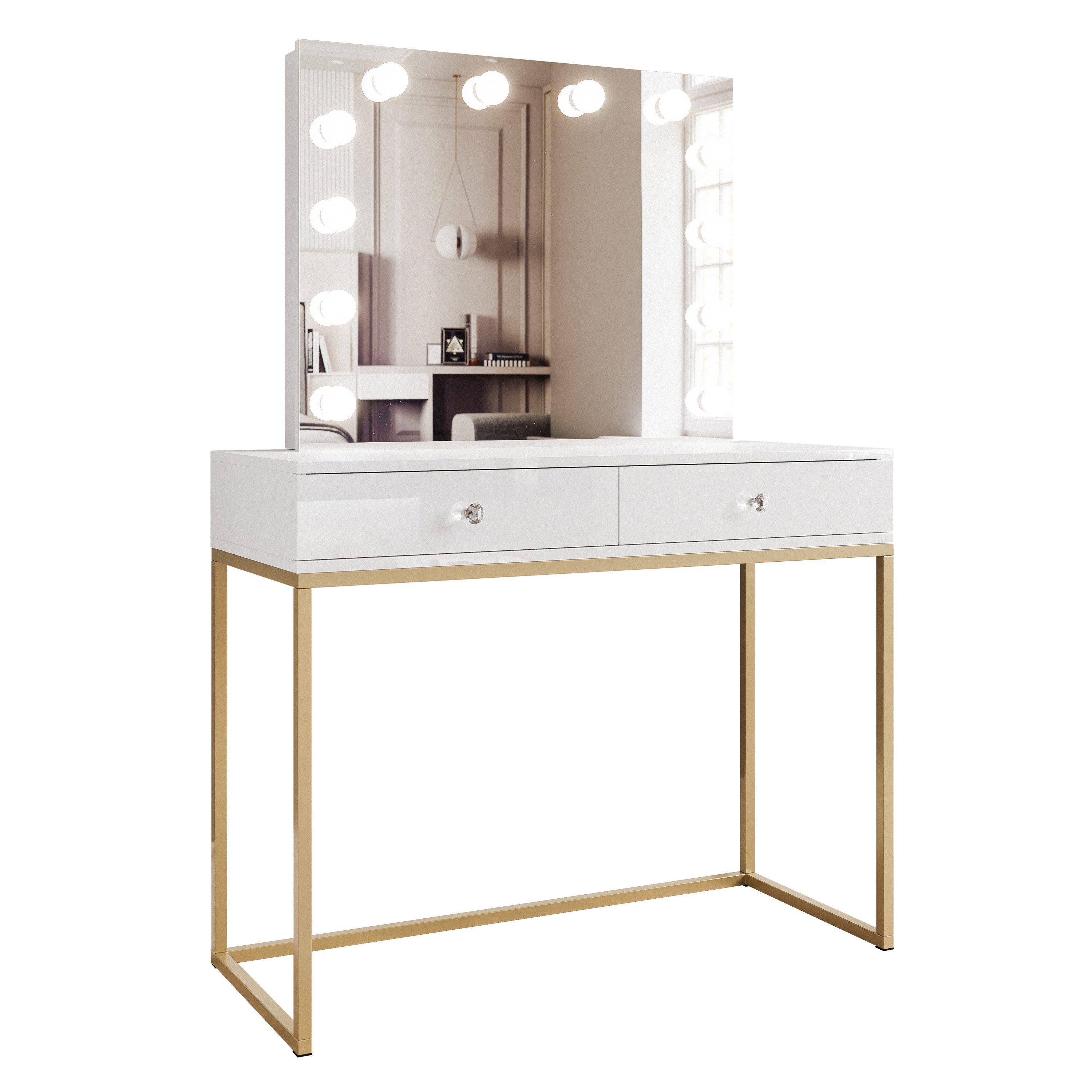 Schminktisch BLANCO GOLD ELITE mit Spiegel und Beleuchtung