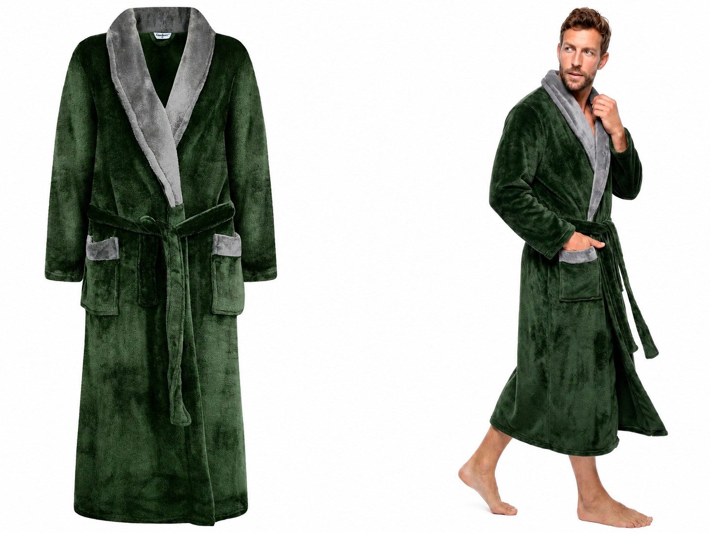 Rungassi Herrenbademantel Exklusiver Herren Bademantel Coral Fleece Grün-Grau Schalkragen 8218, 100 % Polyester