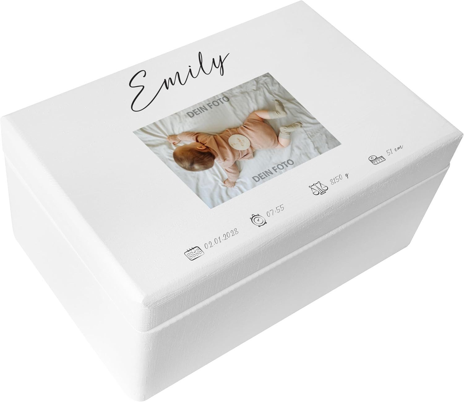 Creative Deco Holzkiste Erinnerungsbox Baby Weiß, 30x20x14 cm, Wunschtext