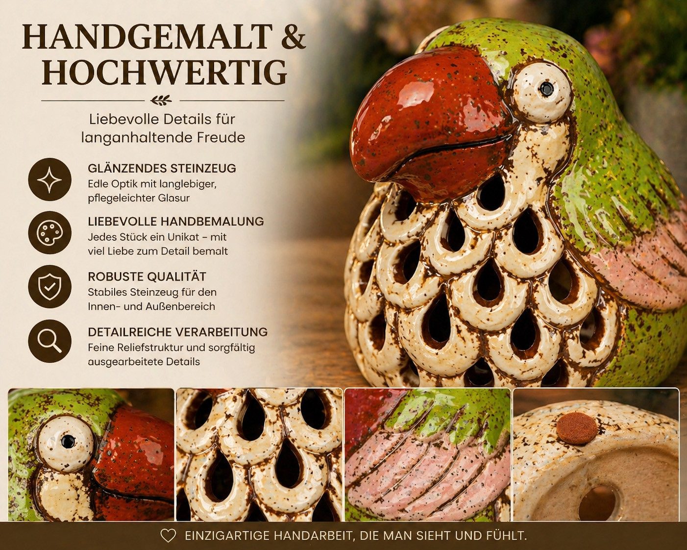 formano Teelichthalter mit Tablett Windlicht Vogel 2er Set Windlichter glänzendem Steinzeug handbemalt (Sparset)