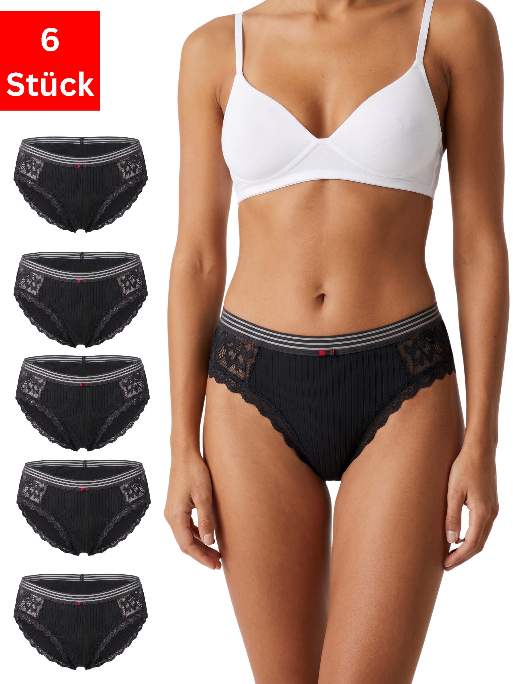 Elegant Love Slip Damenslip mit Spitze –Bequeme Baumwoll-Panty / Unterhose (Packung, 6-St., 6er-Pack) Damenunterwäsche: Hüftslip mit elastischem Streifenbund