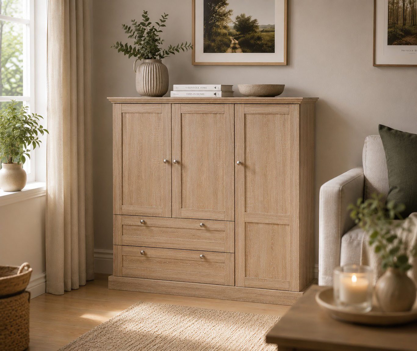 OTTO home Kleiderschrank Binz, Wäscheschrank, Mehrzweckschrank, skandinavischer Landhausstil (B/H/T ca. 122/130/35 cm) viele Stauraummöglichkeiten, Metallgriffe, Türen mit Rahmen/ Kassetten
