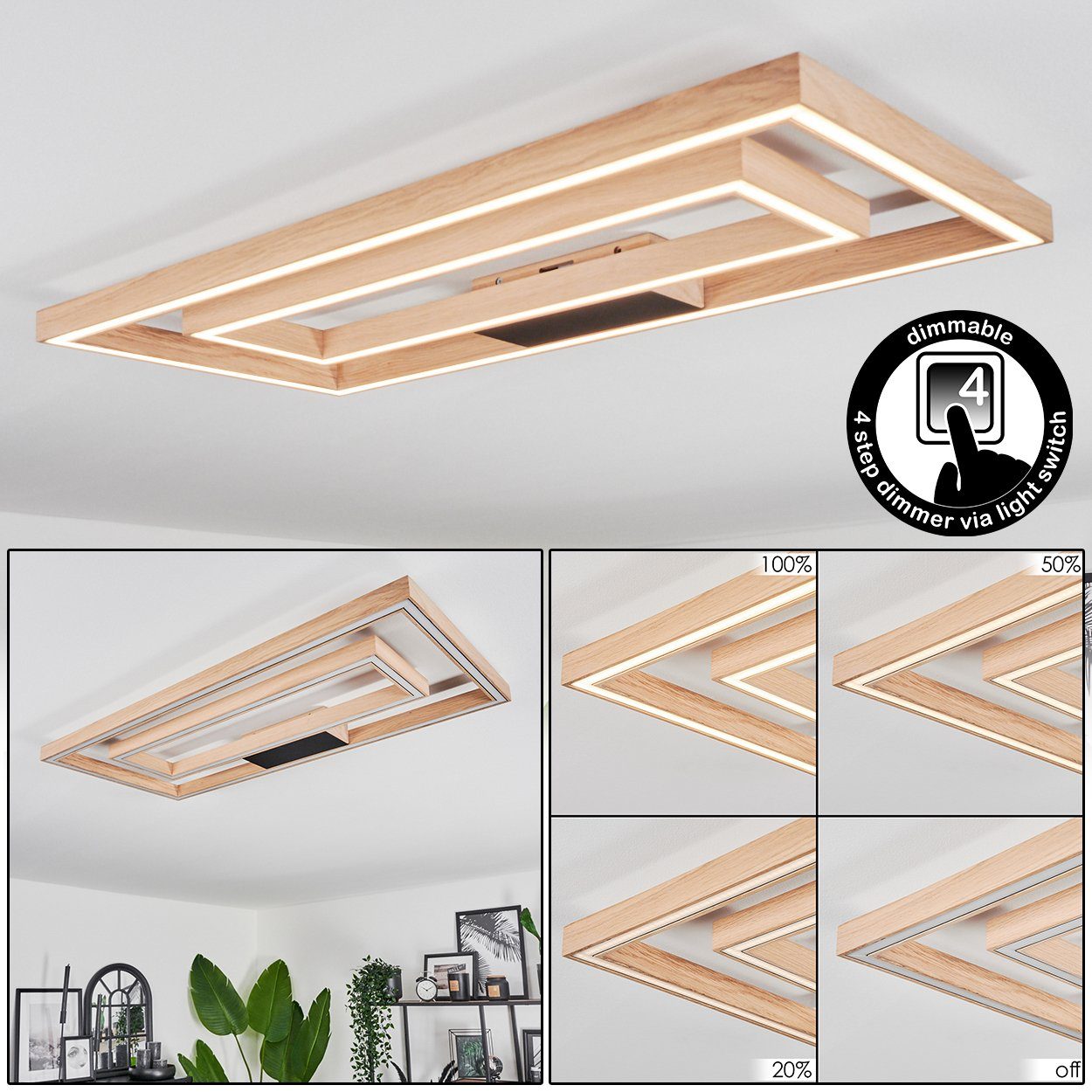 Deckenleuchte über herkömmlichen 3000 Lumen Lichtschalter Holz/Kunststoff 8200 Deckenlampe dimmbar, Boho wechselbar, dimmbare Kelvin, LED im hofstein Hellbraun/Weiß, Design, aus in