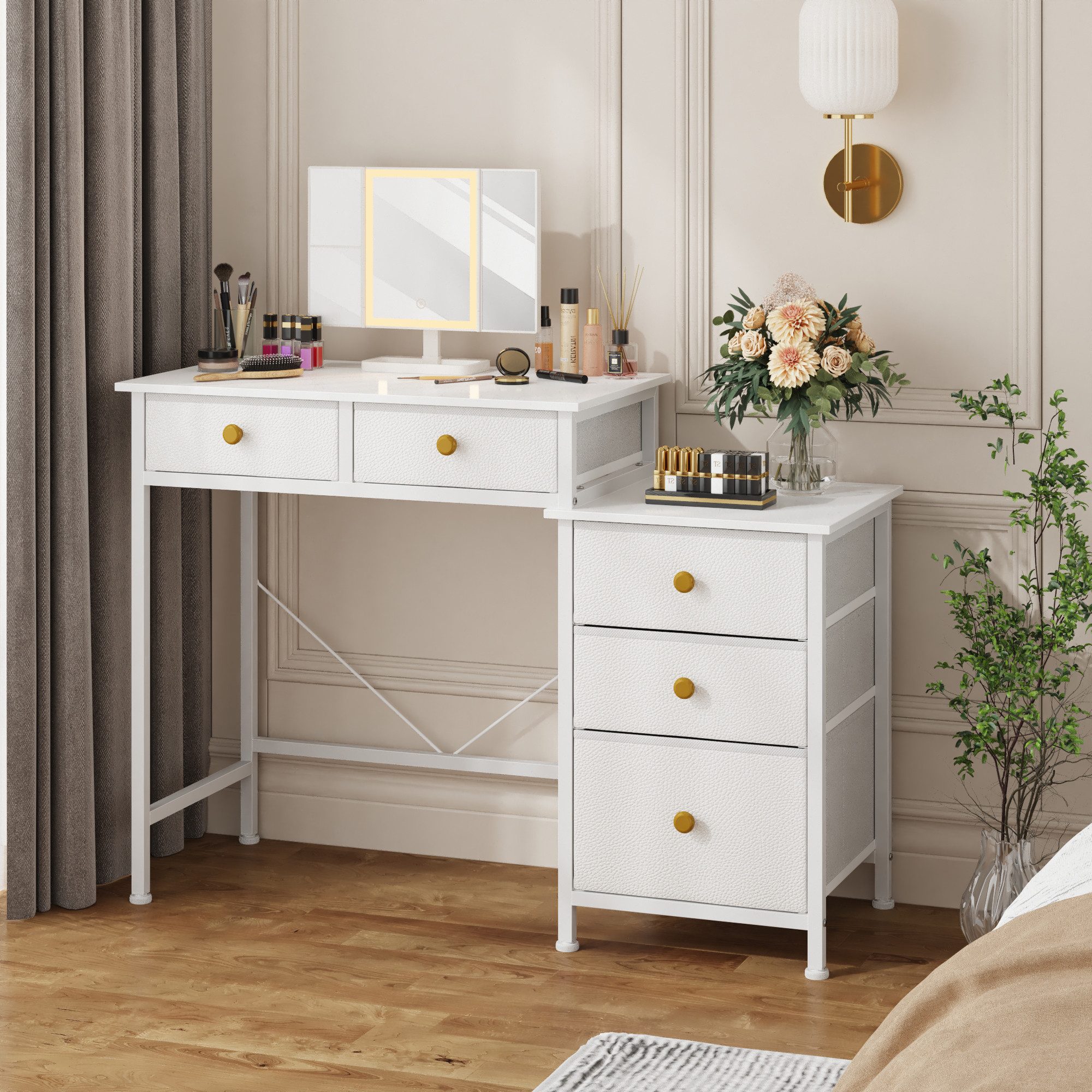 OYRREU Schminktisch Kommode mit 3-fach Spiegel & Beleuchtung, 5 Stoffschubladen, weiß (Schminktisch-Set inkl. Spiegel, Beleuchtung, Schubladen), Kompaktes Design