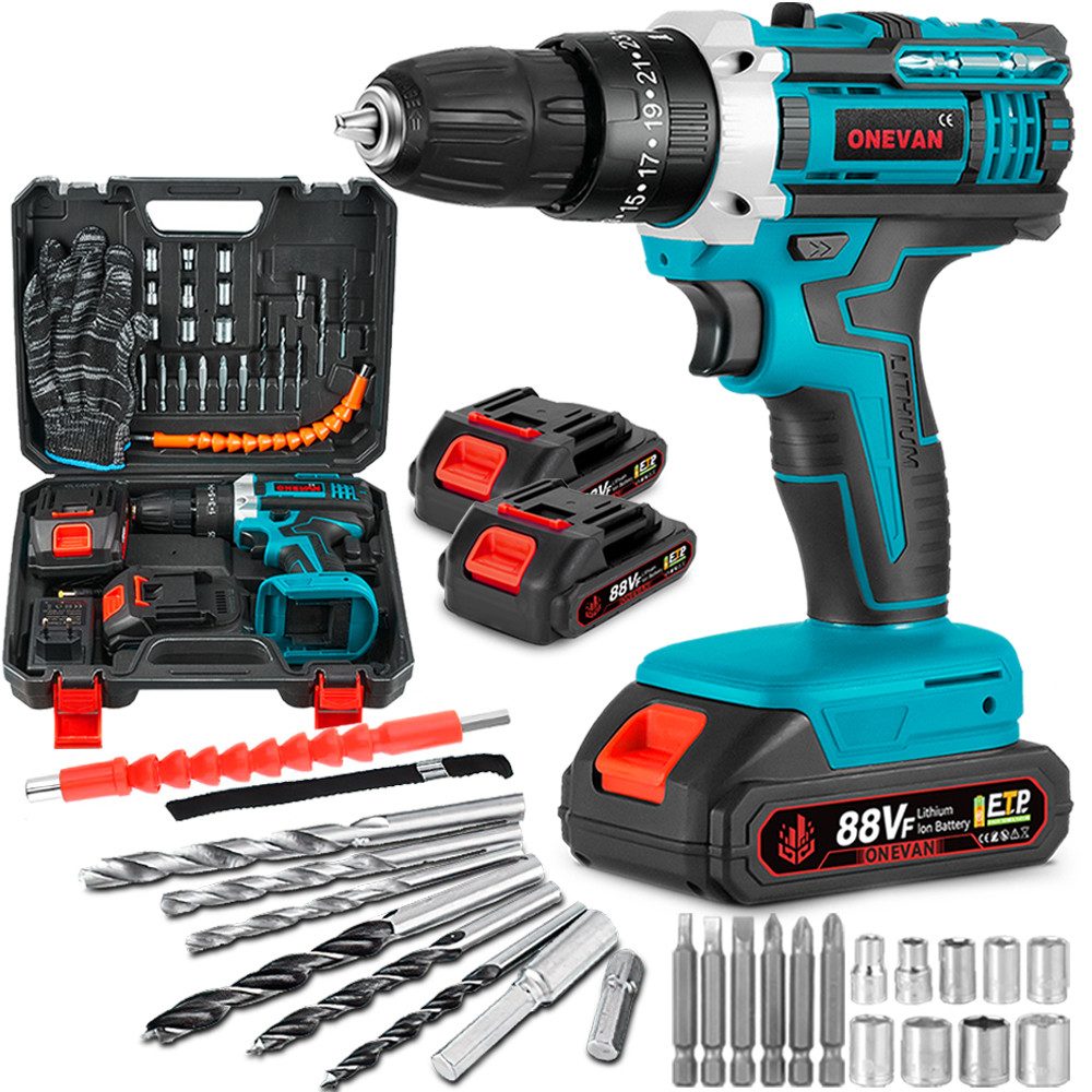 ONEVAN Akku-Bohrschrauber Akkuschrauber 21V Bohrschrauber Set, 25+1 Drehmomentstufen Akkubohrer, max. 1550 U/min, mit 2x Akkus 10mm Bohrfutter 24 Zubehör Tragetasche