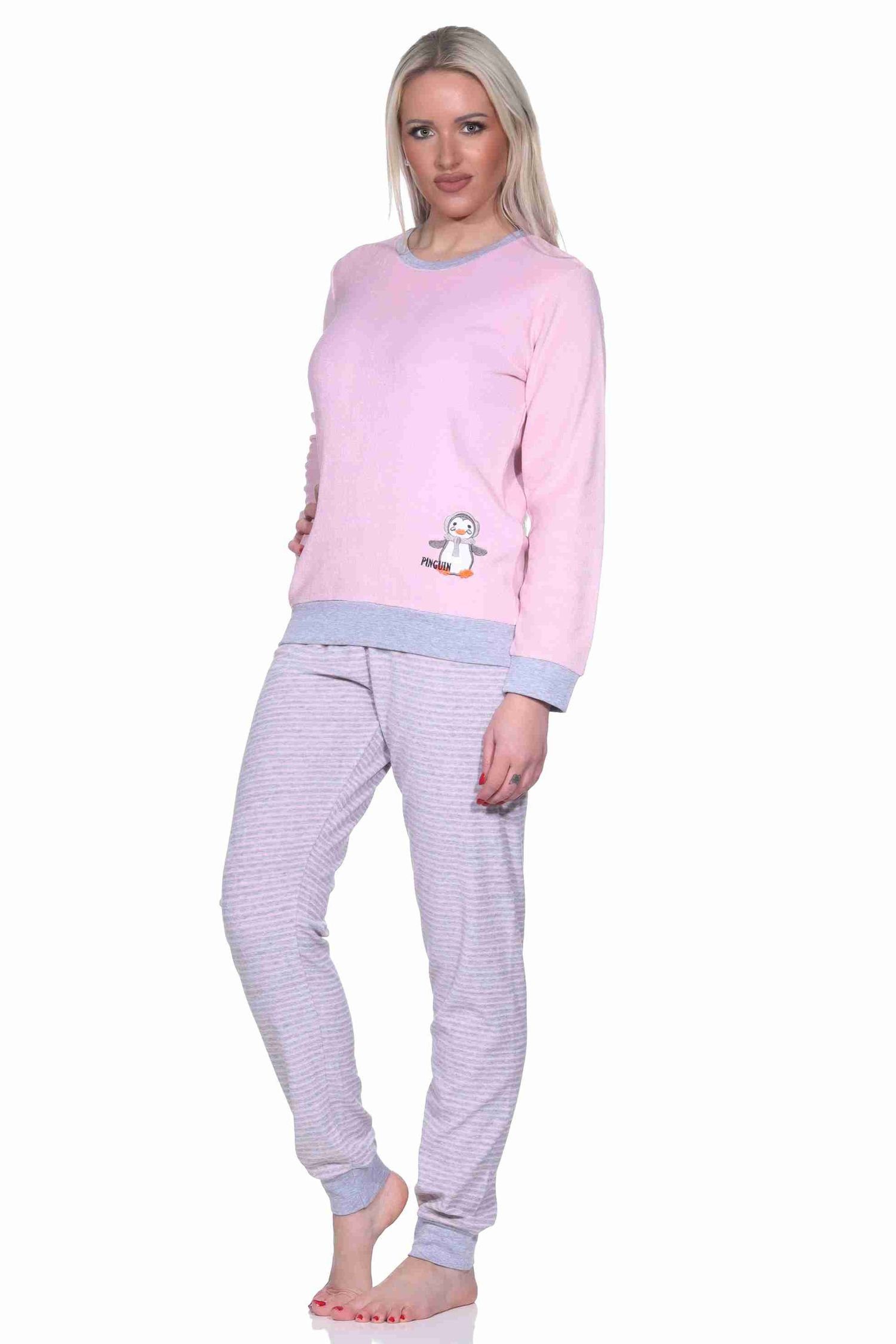 Pyjama Damen Pinguin langarm Ringel Frottee rosa mit Stickerei Bündchen klein Pyjama und Normann