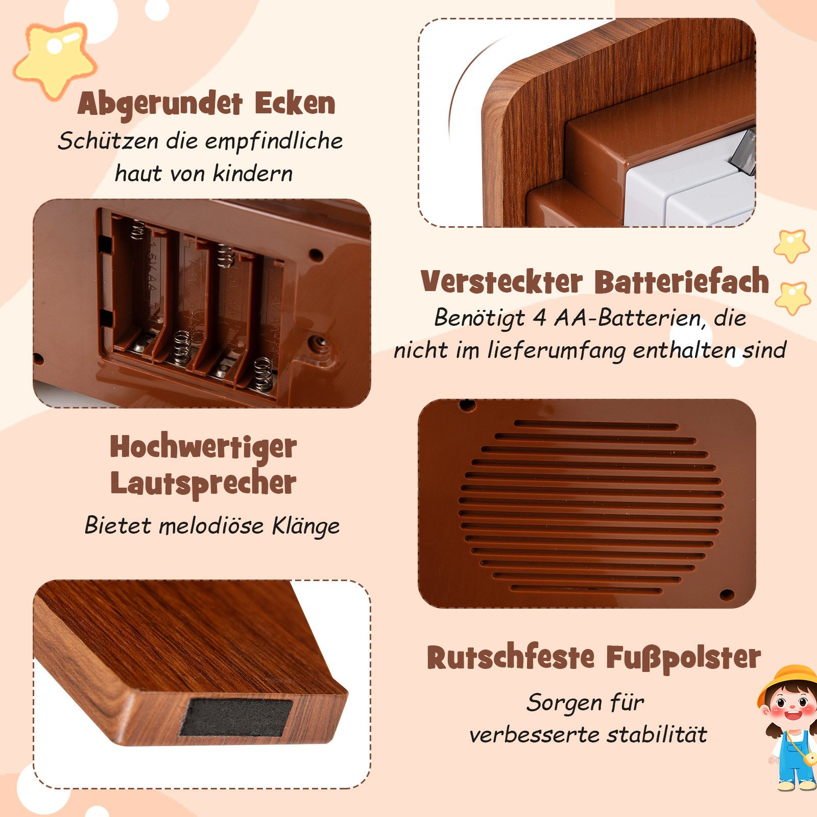 COSTWAY Spielzeug-Musikinstrument, Holzspielzeug mit Abnehmbarer Notenständer & Lautstärke
