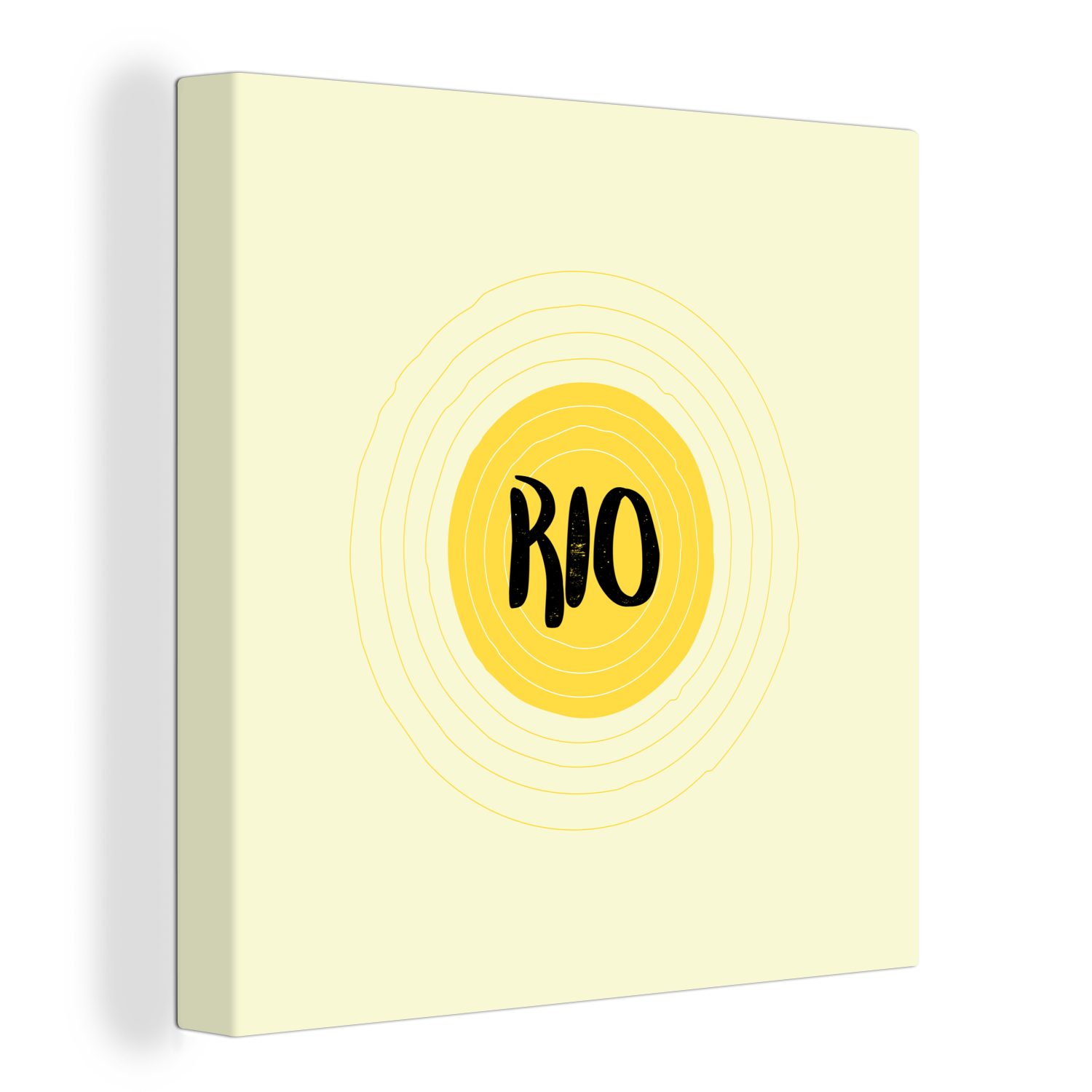 OneMillionCanvasses® Leinwandbild Illustration des Textes Rio auf gelbem Hintergrund, (1 St), Leinwand Bilder für Wohnzimmer Schlafzimmer
