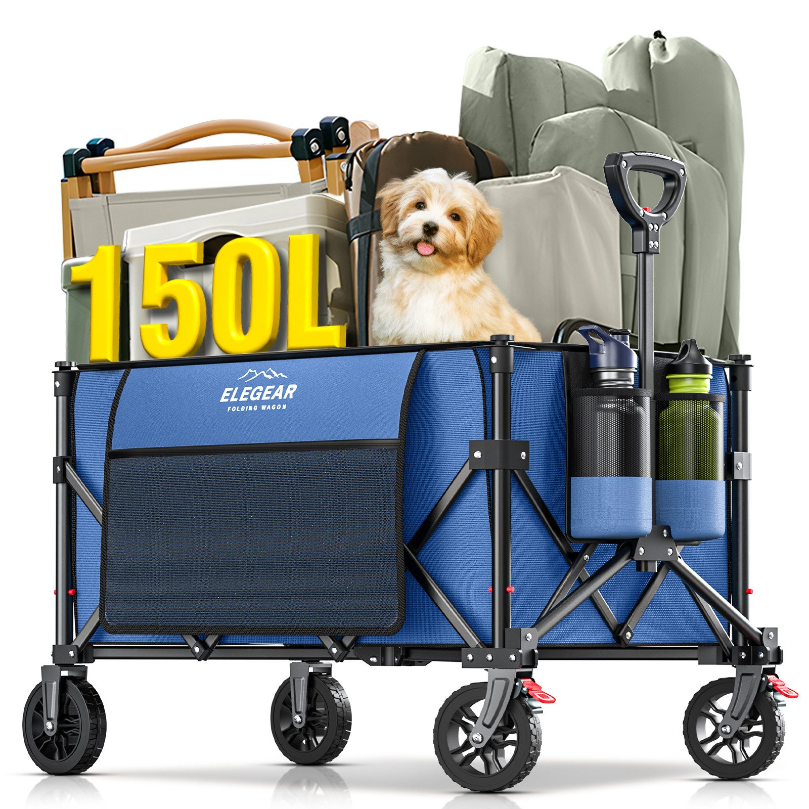 Elegear Bollerwagen 150L Blau/Schwarz Faltbarer Bollerwagen Ultrakompakte Größe 100KG (1-tlg), Handwagen/Transportwagen mit verstellbarem Griff