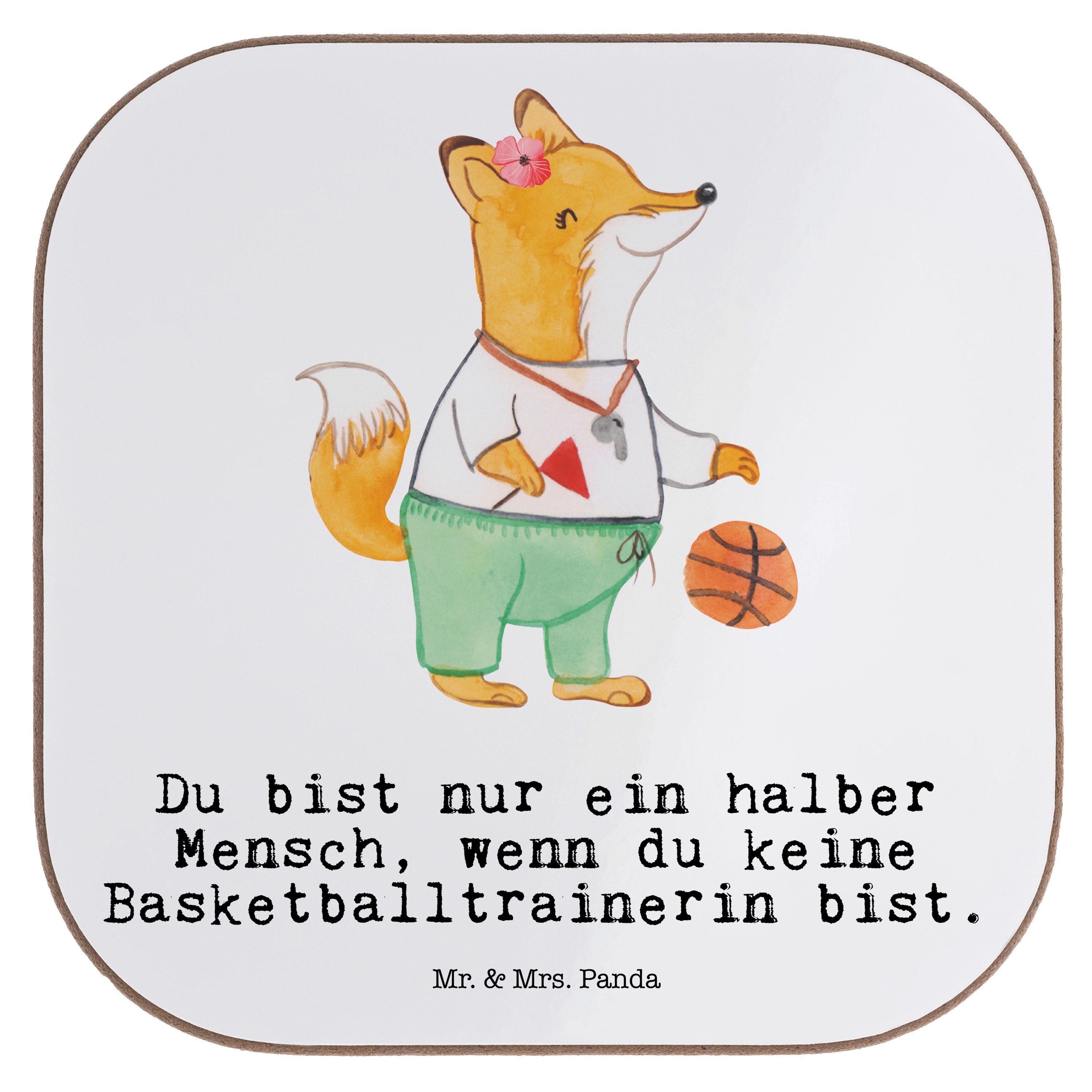 Mr. & Mrs. Panda Getränkeuntersetzer Basketballtrainerin mit Herz - Weiß - Geschenk, Sport, Bierdeckel, Gl, 1-tlg.