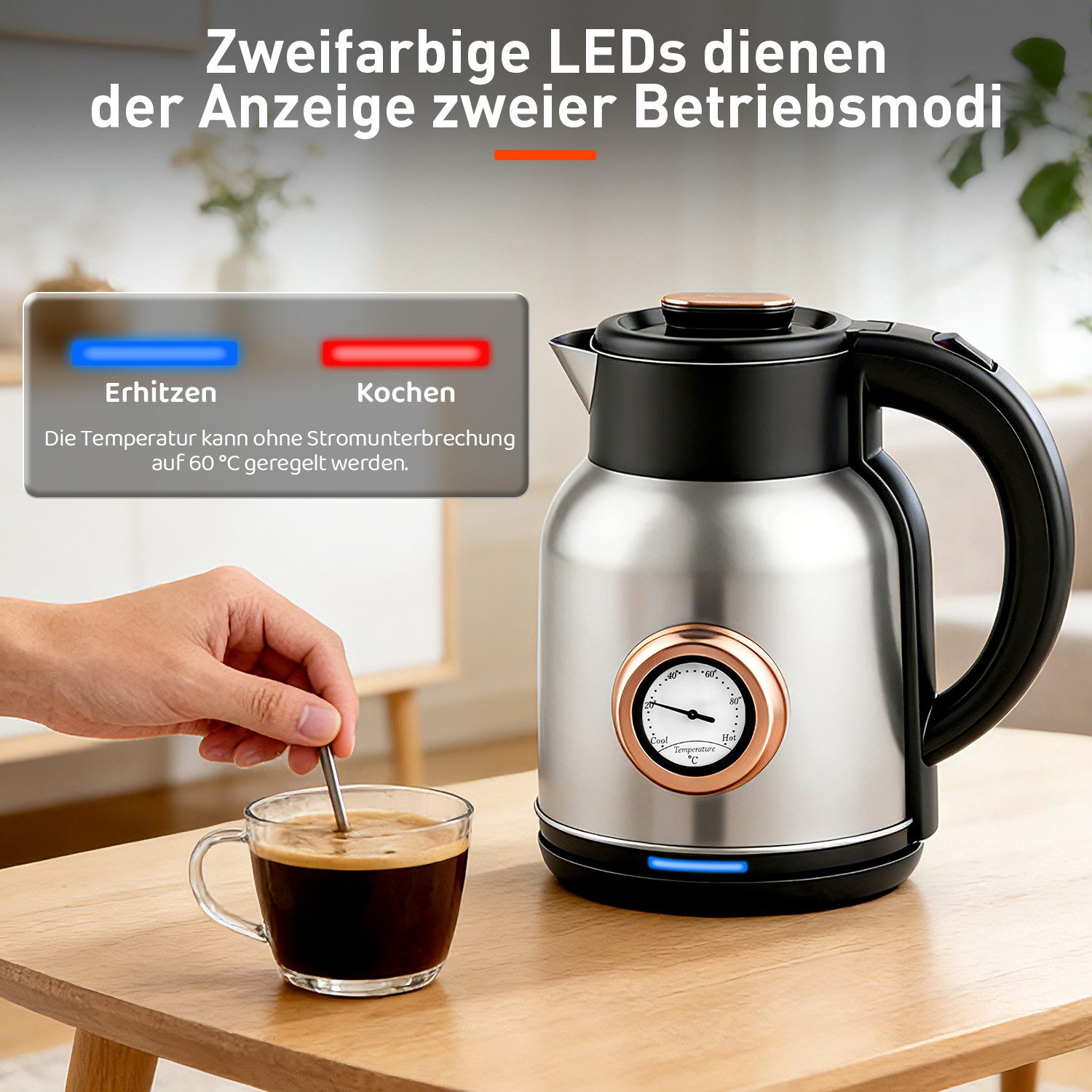 CkeyiN Pro Wasserkocher 304 Edelstahl,2L,Echtzeit-Thermometer,360°-Basis, 1500 W, Überhitzungsschutz, Trockengehschutz,Sprungdeckel,Leuchtanzeige