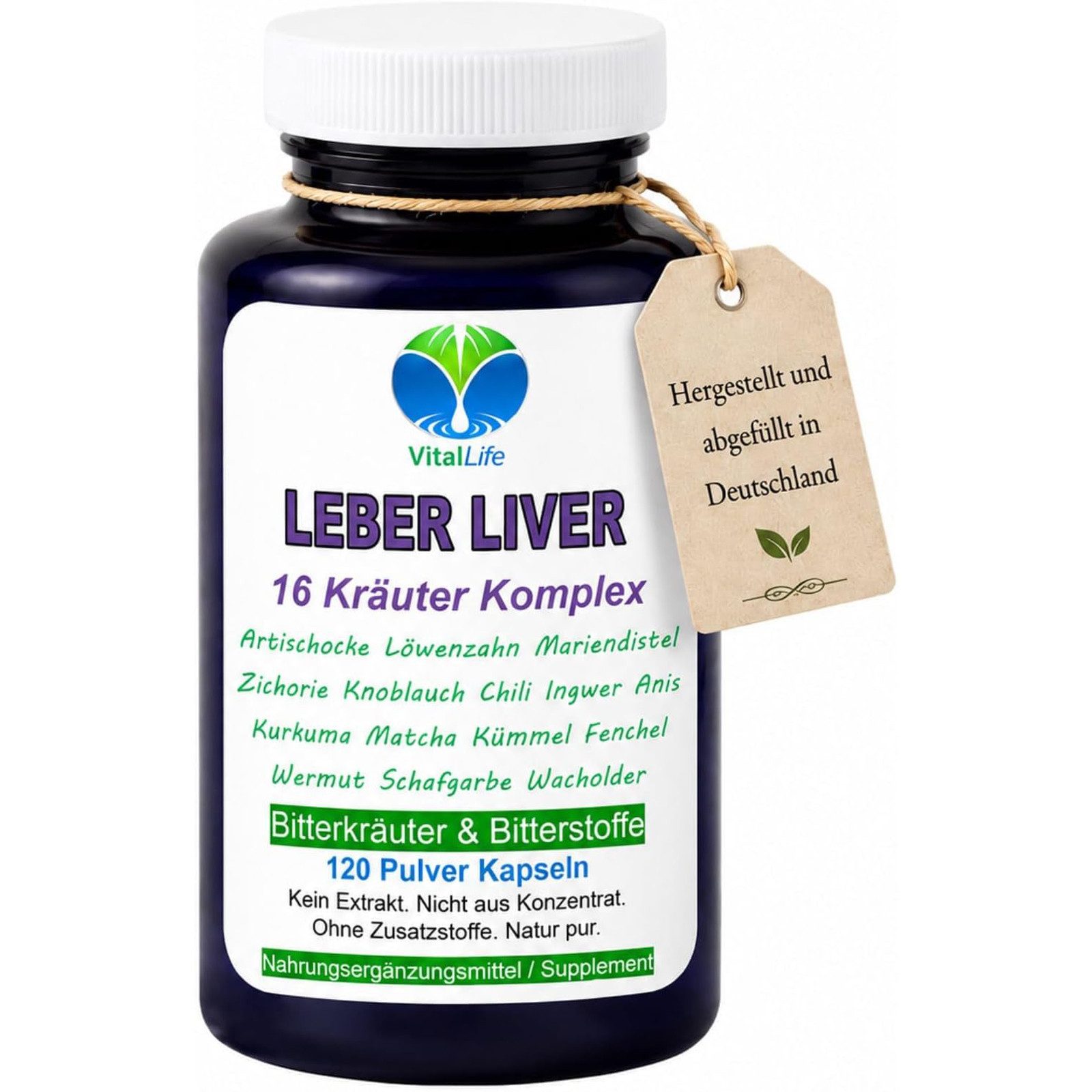 VitalLife LeberLiver 16 Kräuter & Bitterstoffe Komplex - Ohne Zusatzstoffe - Kapseln, 1 er Dose à 120 St., 57 g, Art. 26555-120