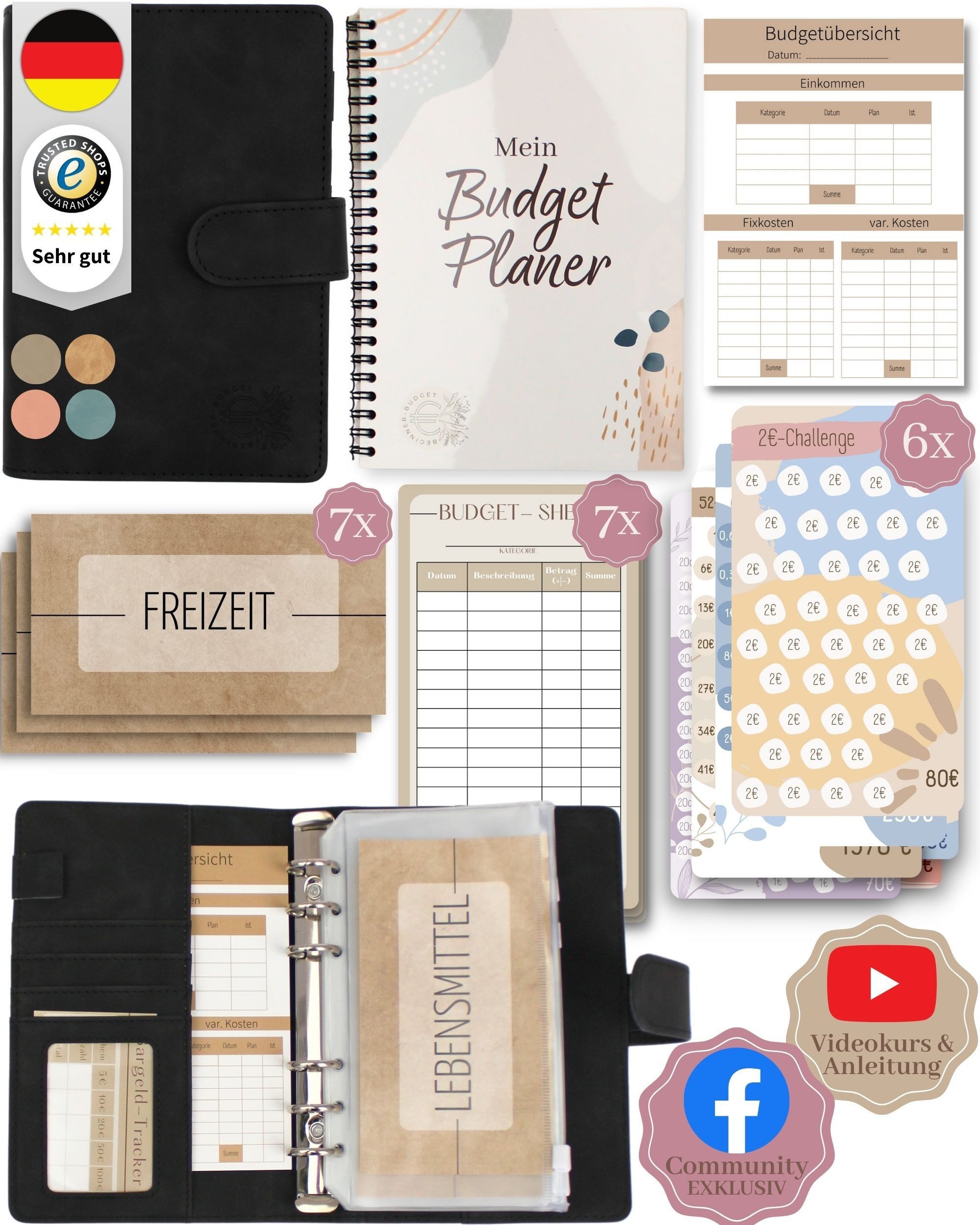 BeginnerBudget Ringbuchkalender Budget Planner & Haushaltsbuch Starter-Set: Sparbuch & Spar-Challenges, Sparen mit Umschlagmethode + Anleitung - Ringbuch - Binder A6