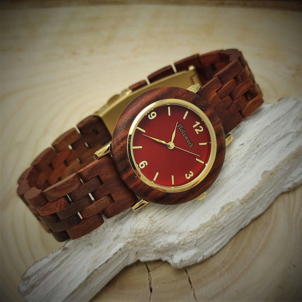 & Quarzuhr Armband Damen THALE braun, Holzwerk rot, Edelstahl gold Uhr, kleine Holz