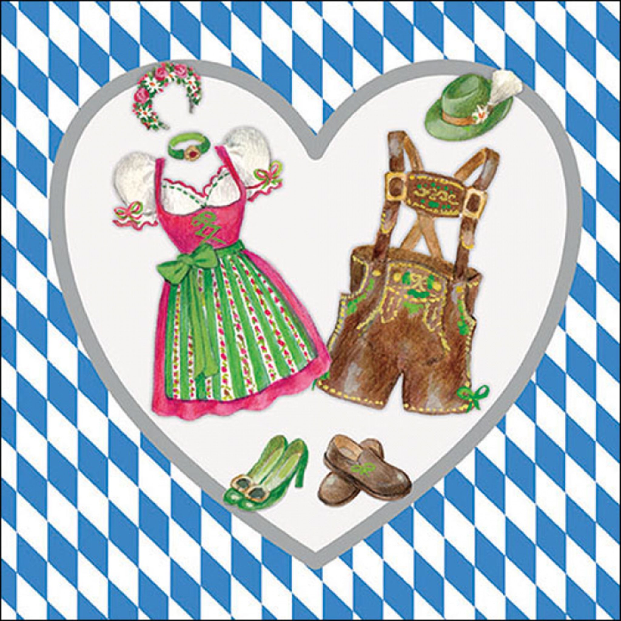 Ambiente Luxury Paper Products Papierserviette, Servietten Papier 33x33cm 3-lag mit Dirndl & Lederhosen Motiv 20 Stück