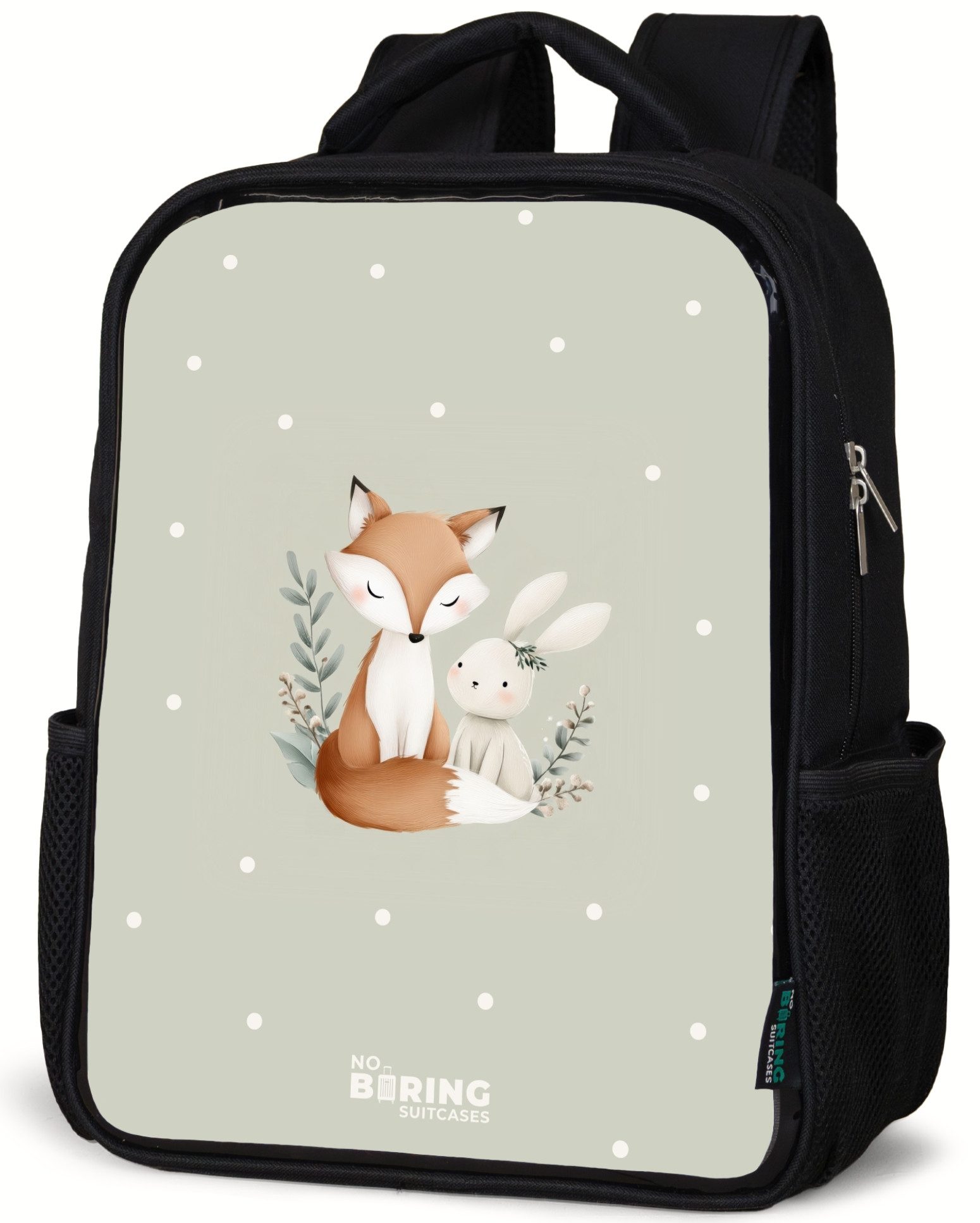 Fuchs und Kaninchen umgeben von grünen Blättern und Punkten