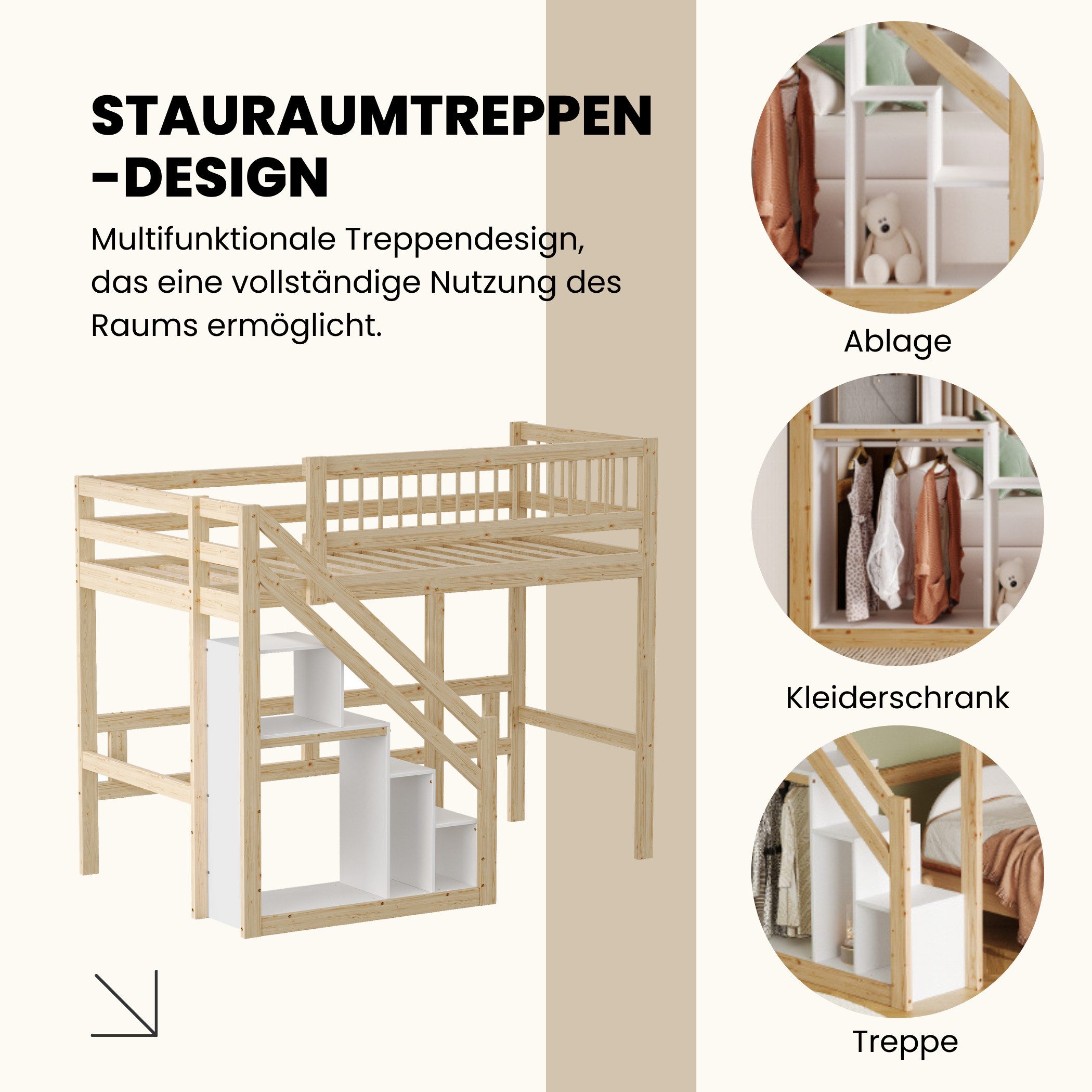 SeedWave Hochbett Holzbett mit Stauraumtreppe und günstig online kaufen