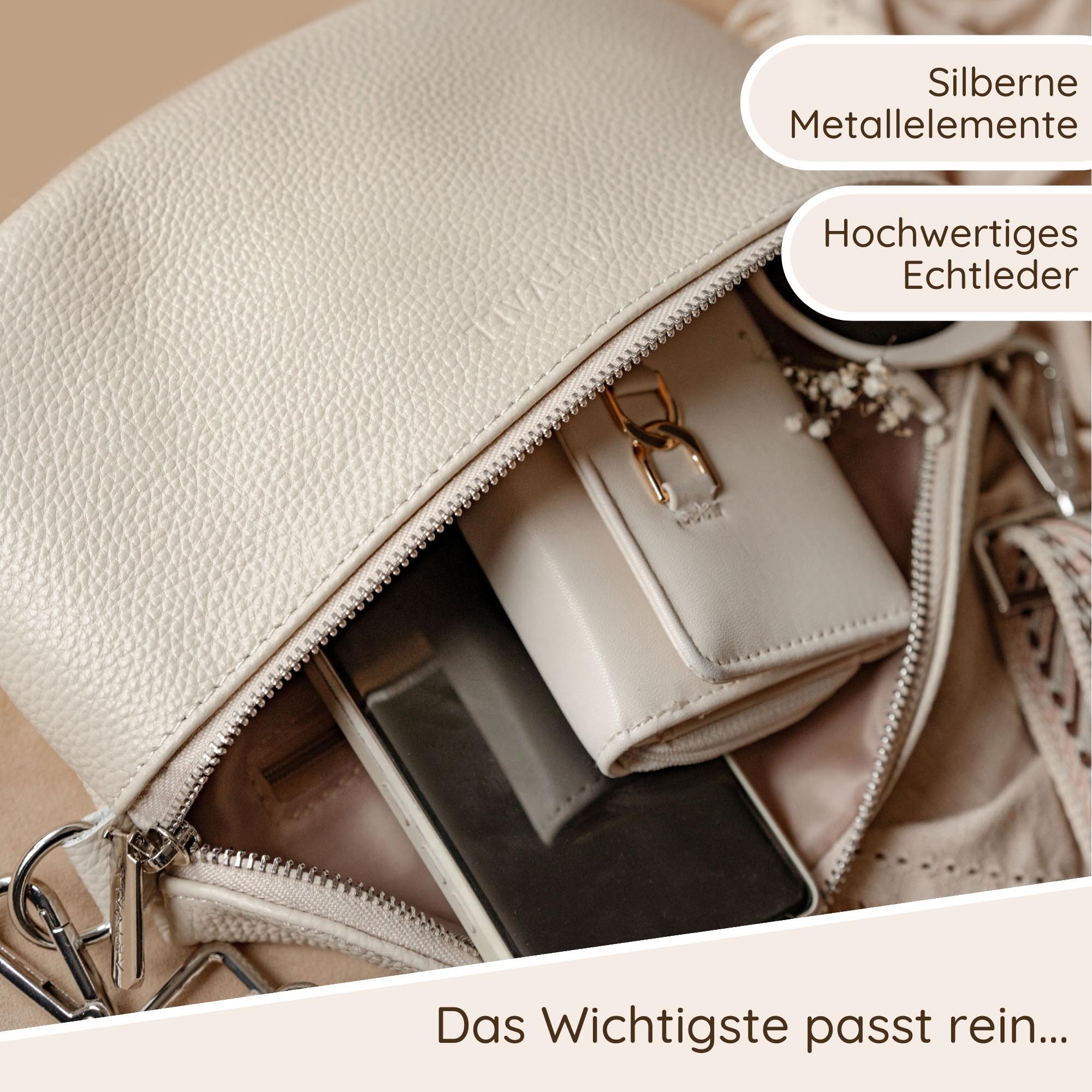 ARTVALL Umhängetasche Echtleder Handtasche Damen Brusttasche Hellbraun (Tasche inkl. Taschenband), Leder Bauchtasche klein breiter Schulterriemen abnehmbarer Taschengurt