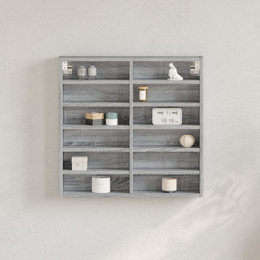 furnicato Vitrine Vitrinenschrank Grau Sonoma 60x8,5x58 cm Holzwerkstoff (1-St) Stabiler Hängeschrank mit 12 Ablagen für Wohnzimmer oder Flur