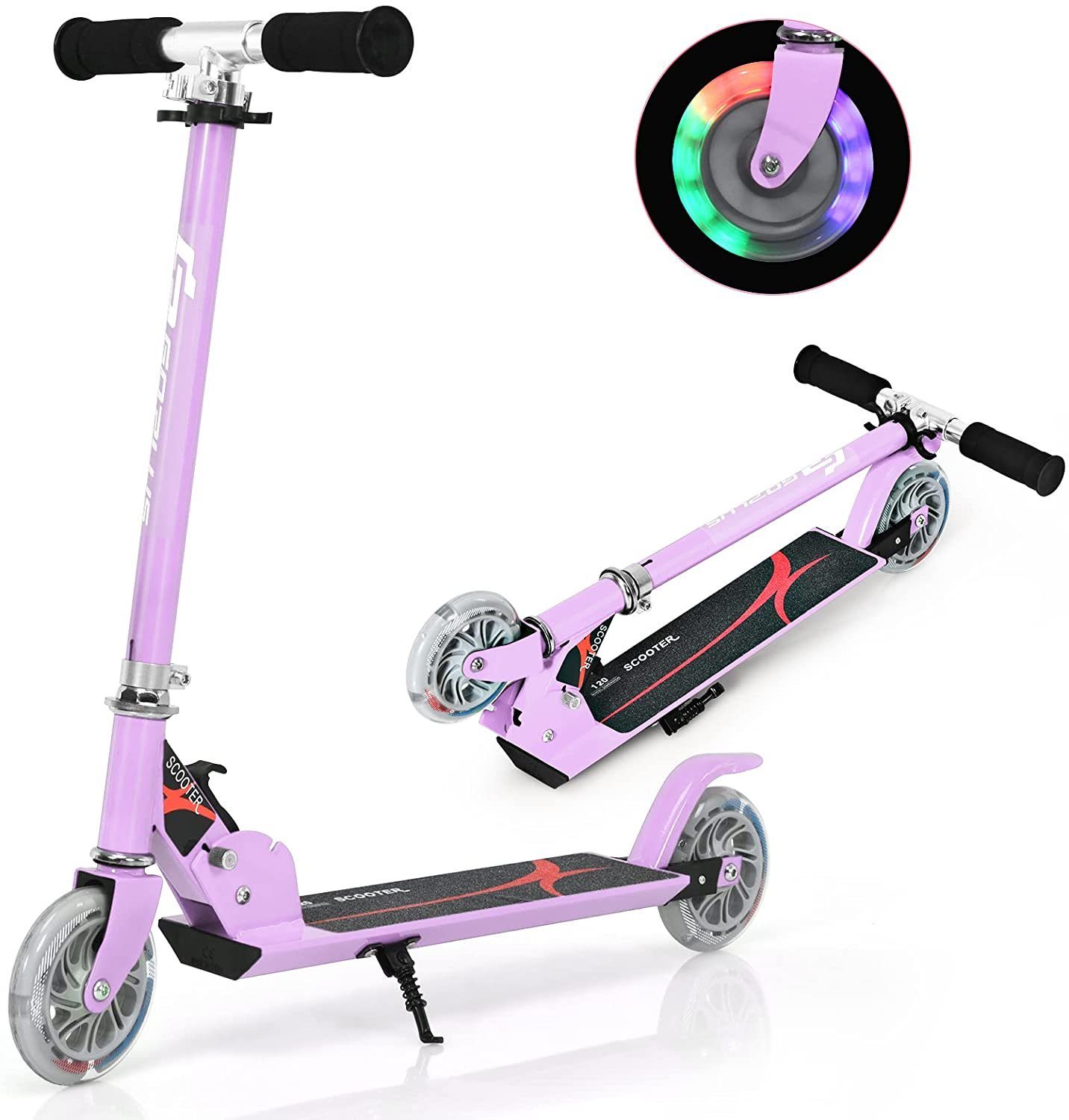 COSTWAY Scooter Cityroller, höhenverstellbar, klappbar, mit 2 LED Räder lila