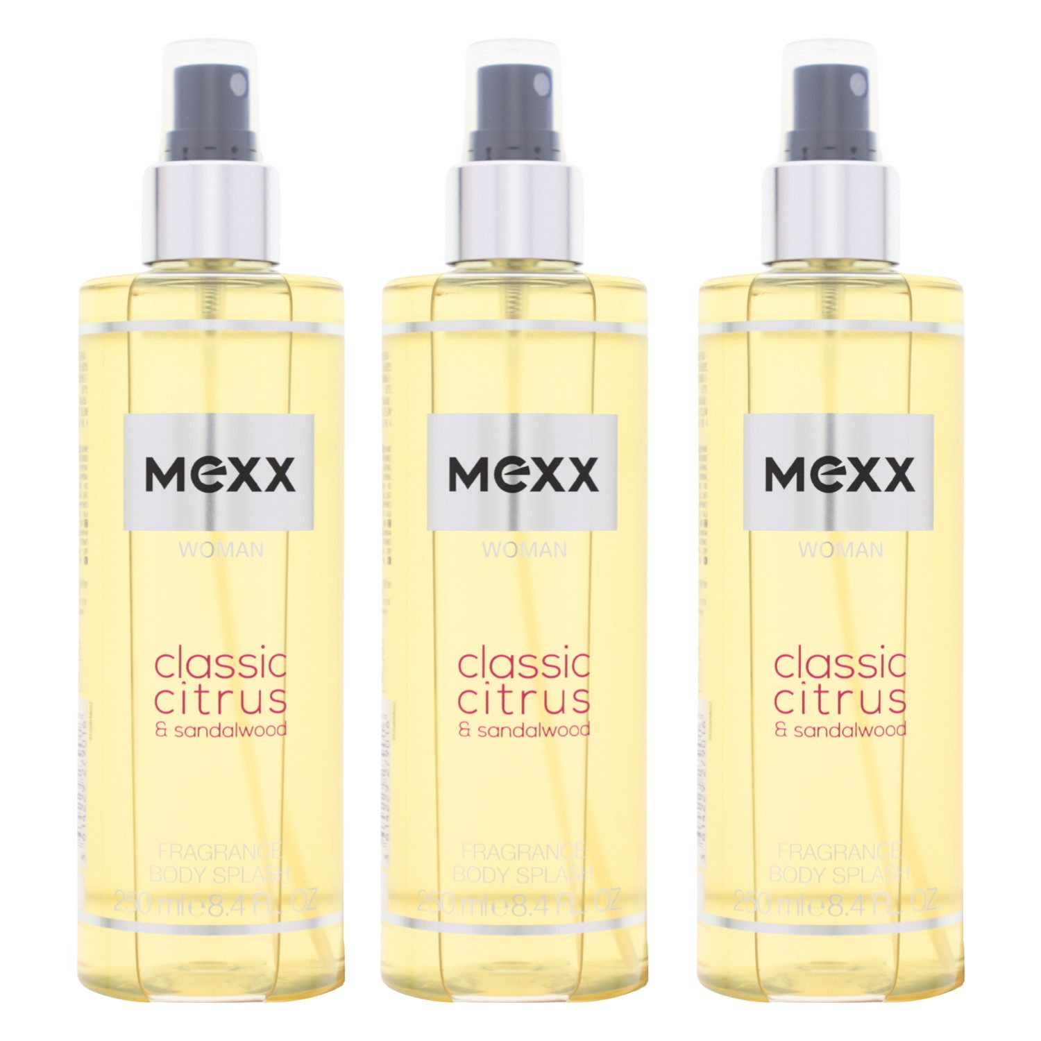 Mexx Bodyspray 3x Mexx Woman Body Splash Bodyspray for her je 250ml Sandelholz und fl