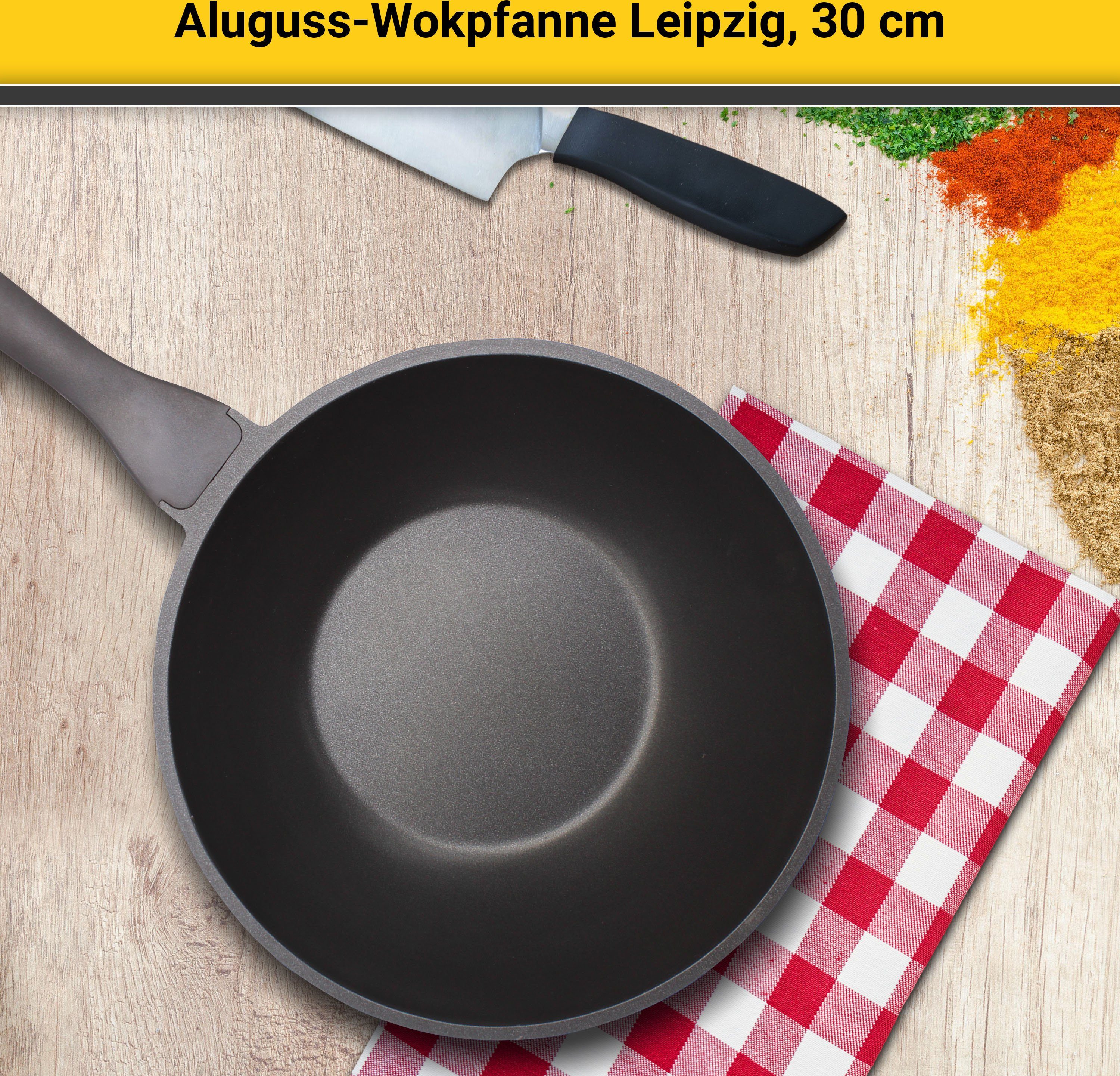 Krüger Wok Aluguss Wokpfanne LEIPZIG, 30 cm, Aluminiumguss (1-tlg), hochwertige Antihaft-Versiegelung
