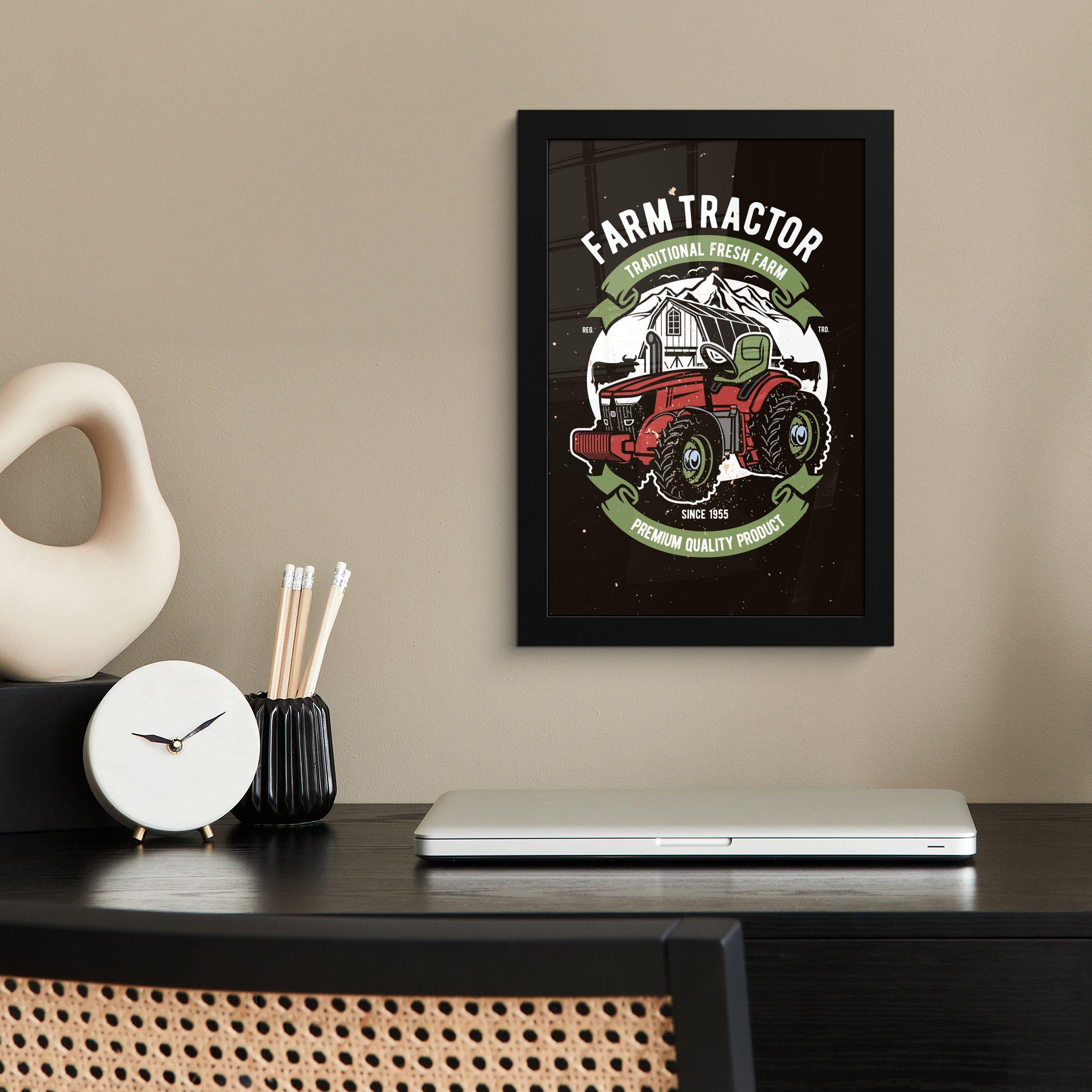 MuchoWow Poster Traktor - Bauernhof - Retro, (1 St), Gerahmtes Poster, Wanddeko, Bilder, Wandposter, Schwarzem Bilderrahmen