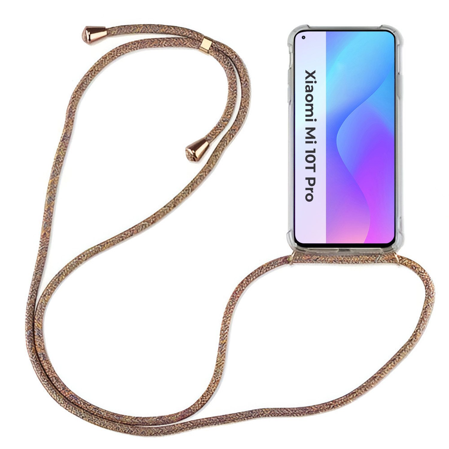 betterfon Handykette für Xiaomi Mi 10T Pro Handyhülle mit Band & Kordel Bumper Beige/Braun, Hände frei – mit Silikonhülle & Schnur für flexiblen Alltag