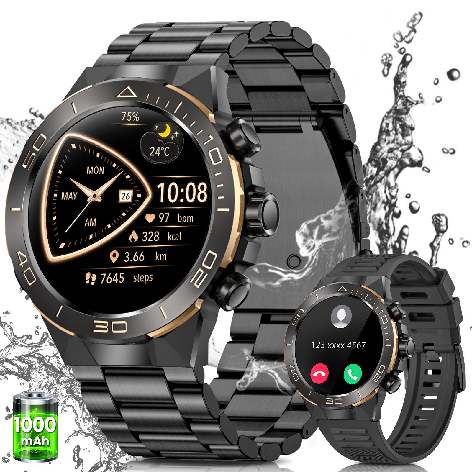 SWGOTA Smartwatch Herren Militär mit Herzfrequenz,Blutdruck,107 Sportmodi Smartwatch (3.63 cm cm/1,43 Zoll), AMOLED-Display Fitnesstracker mit Schlafmonitor,1000mAh,2 Armbänder
