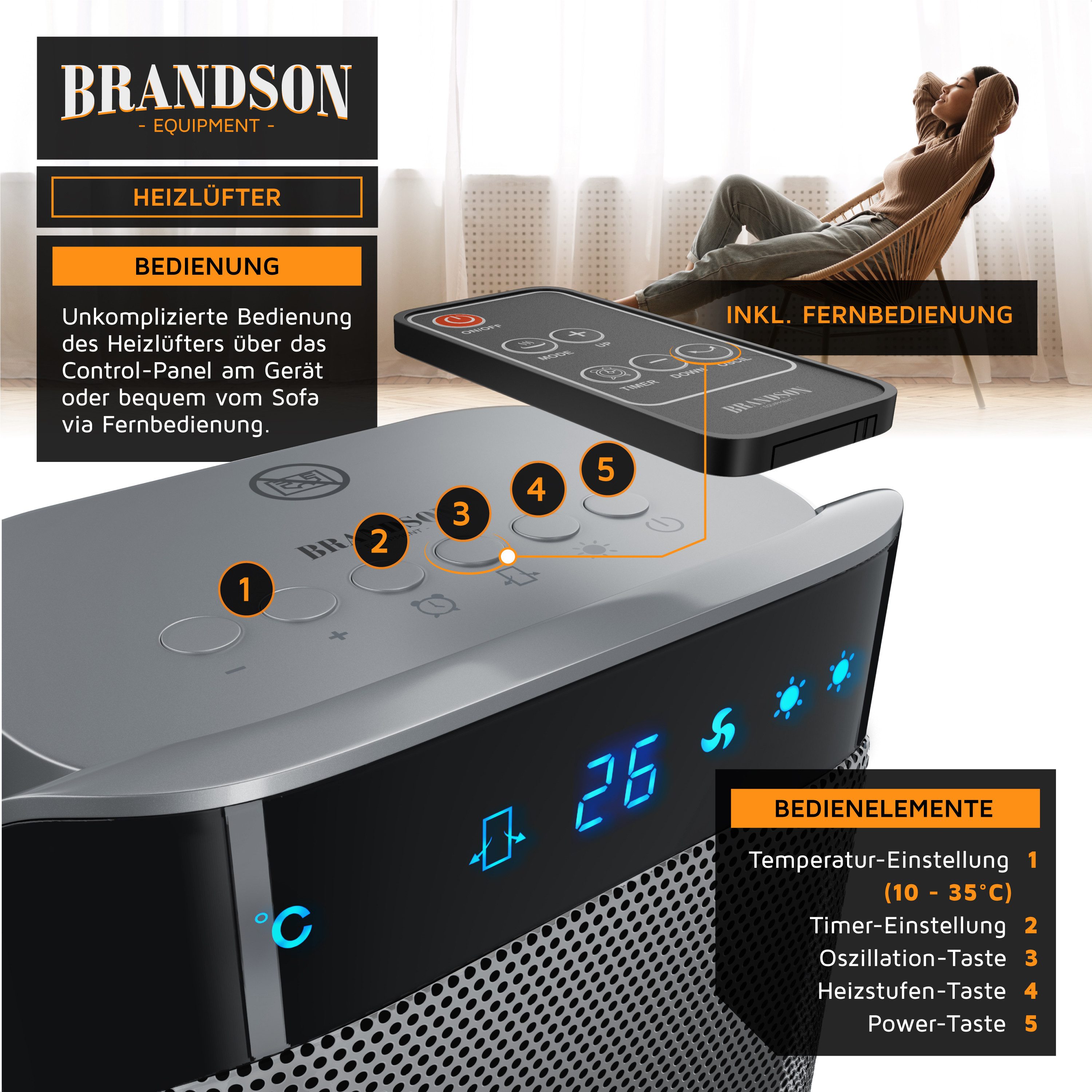 Brandson Heizlüfter Fernbedienung, energiesparend, leise, Oszillation, Keramik Heizung, 2000 W, Timer, Preisträger 2025, GS zertifiziert, Badezimmer Keramikheiz – Bild 4 von 5