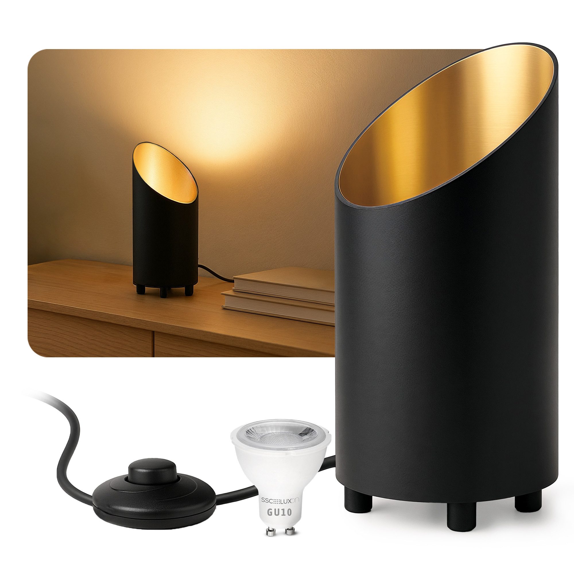 SSC-LUXon LED Spiegelleuchte Bodenlampe AUREVA Uplight mit LED GU10 fourSTEP 5W warmweiß Tischlampe, Warmweiß