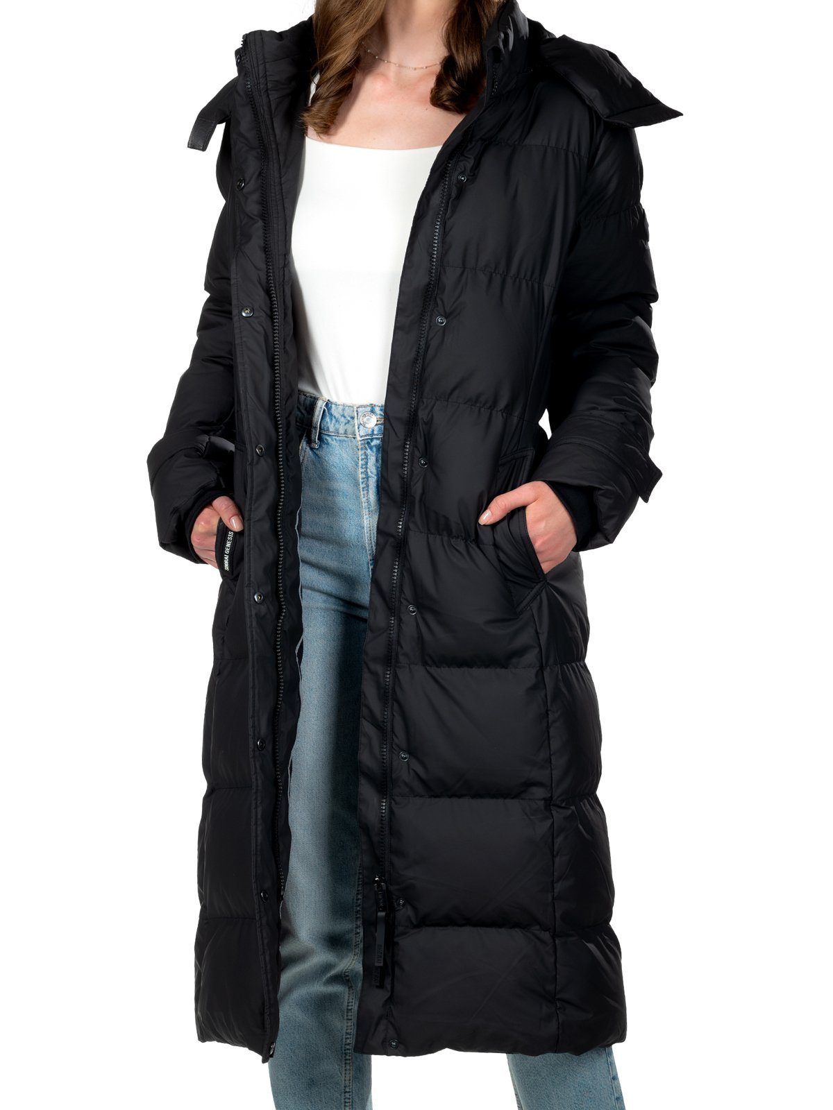 Shorai Steppjacke Steppmantel lang mit Gürtel SH2304.601 schwarz, mit abnehmbarer Kapuze und seitlichen Gehschlitzen