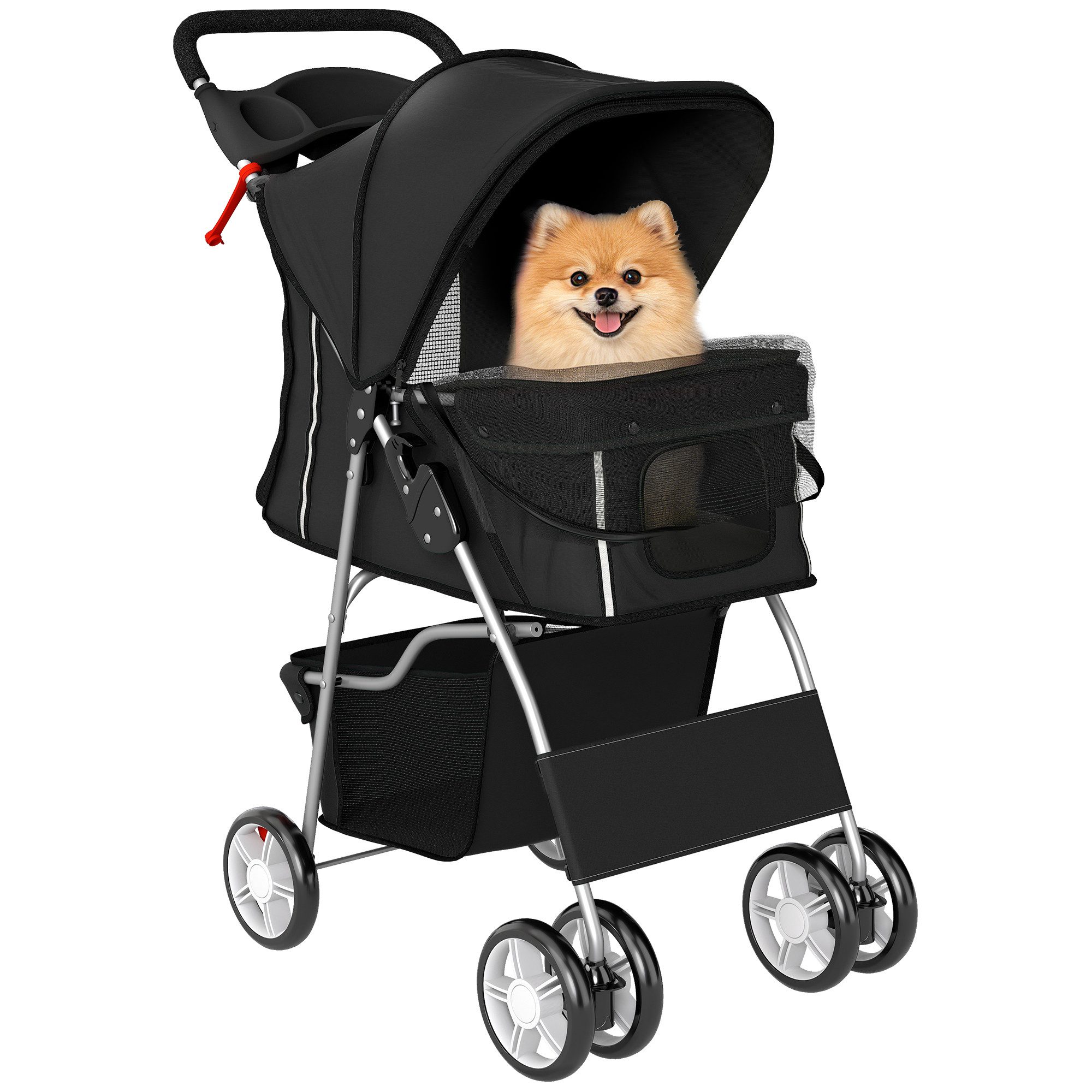 PawHut Hundebuggy Faltbar Katzenwagen mit Reflektorstreifen Aufbewahrungskorb Kissen, (Hundewagen, 1-tlg), für kleine Hunde bis 10kg, Schwarz