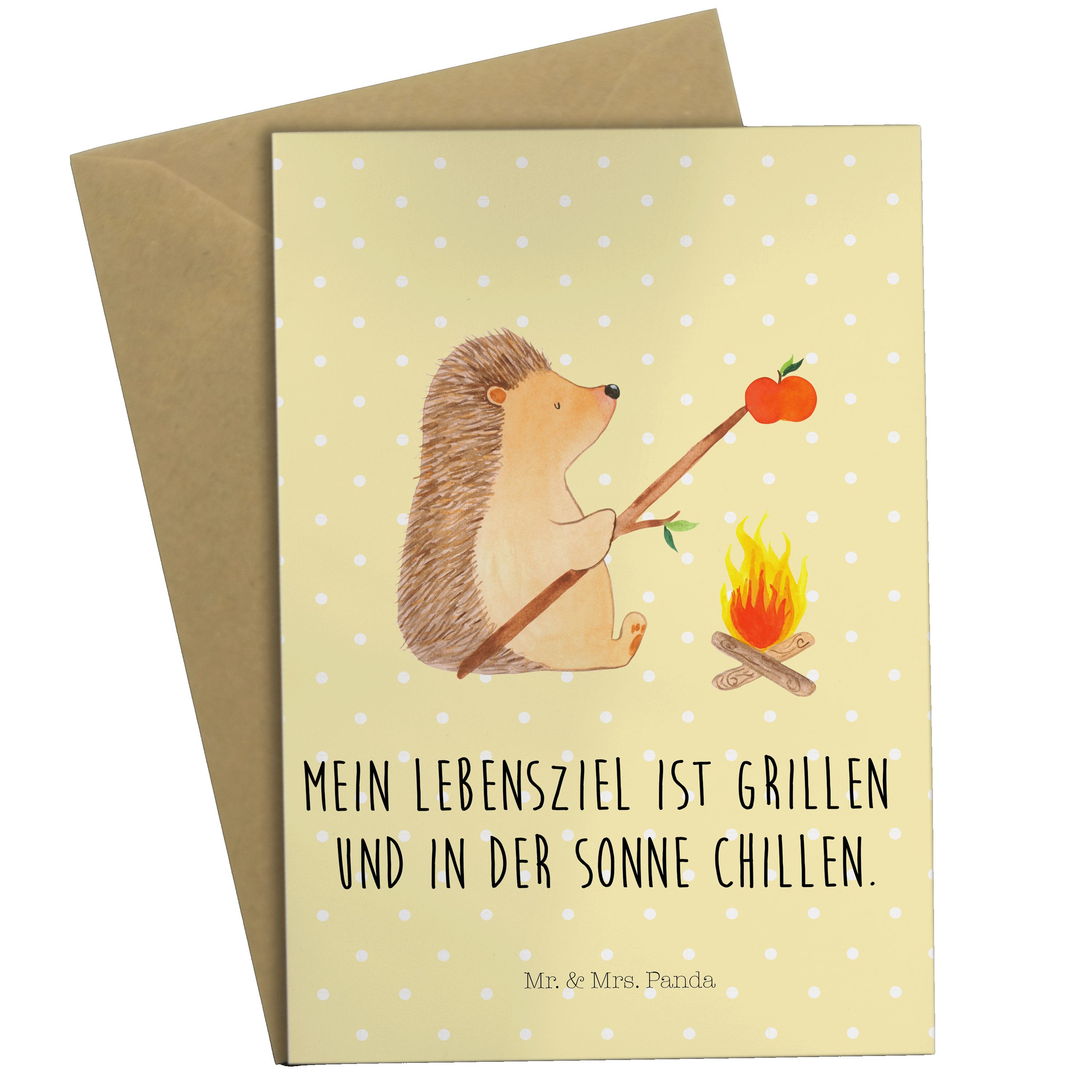 Mr. & Mrs. Panda Grußkarte Igel grillt - Gelb Pastell - Geschenk, Spruch, lustige Sprüche, Tierm