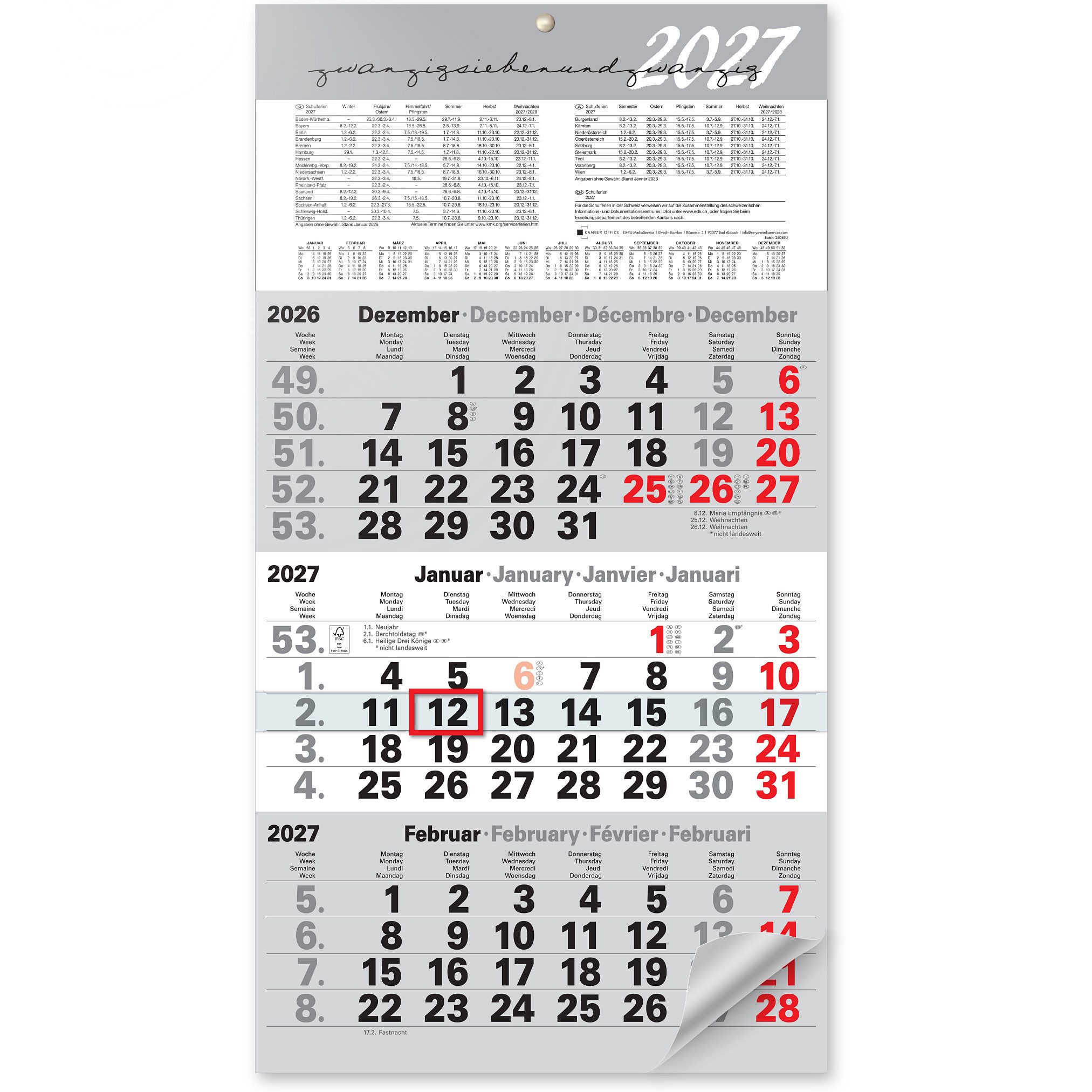 Kamber Office Wandkalender 3 Monatskalender 2027 mit Schieber Büro Kalender "Light Grey", Großer Kalender 2027, Dreimonatskalender 2027 groß mit Datumsschieber Jahreskalender-2027