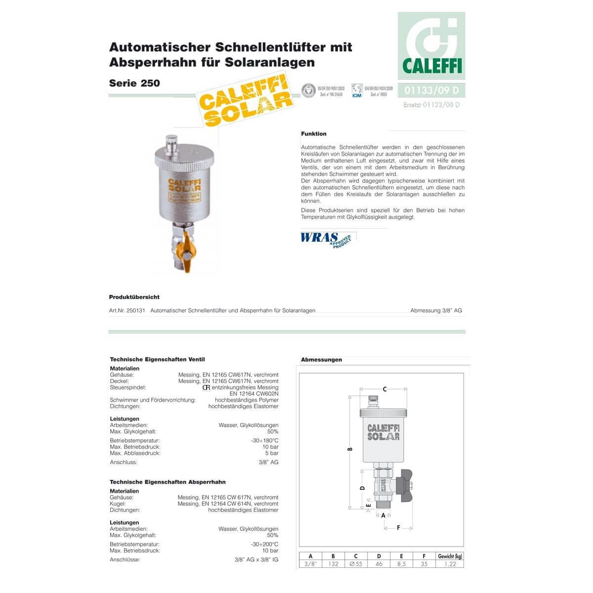Caleffi Thermostatventil Solar Schnellentlüfter 3/8 Zoll Entlüftungsventil mit Absperrhahn
